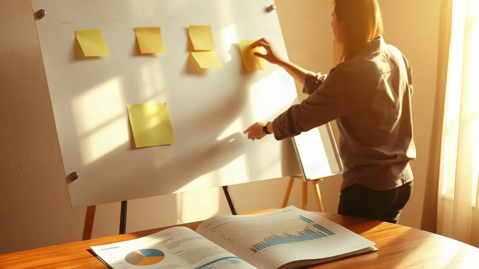 A person places yellow sticky notes onto a large wall-mounted board beside an open report showing charts and graphs on a wooden desk