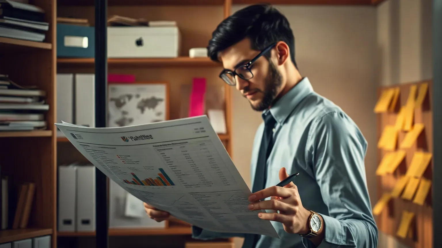 A marketing professional in business attire at the organised shelving holding a printed analytics report open and marking editorial-contact entries with a pen, the sticky-note keyword cluster planning board covering the wall behind them