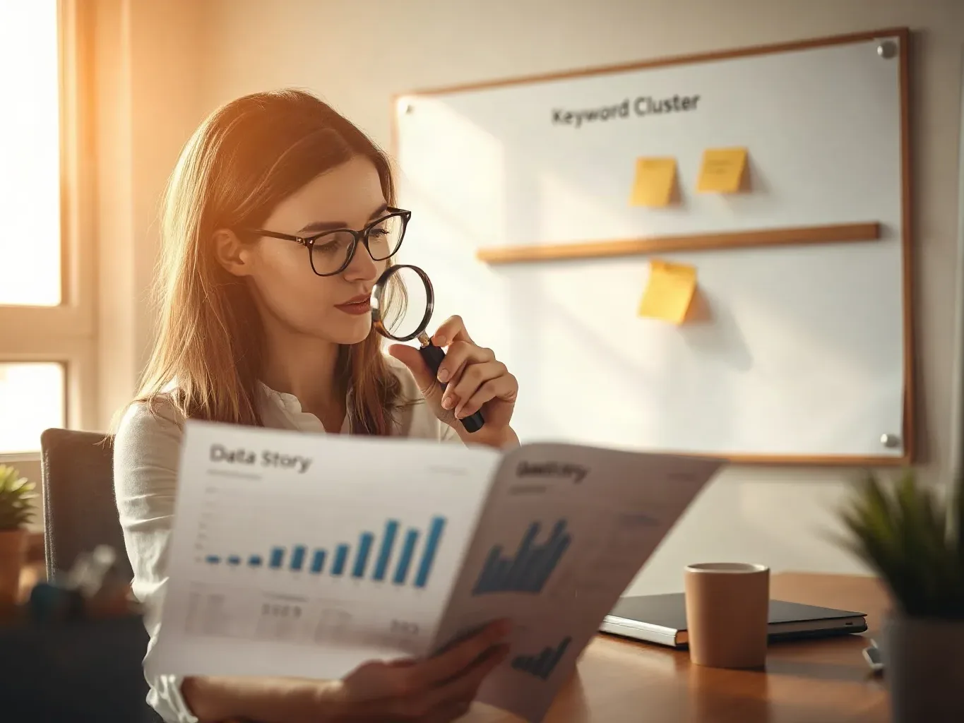 A marketing professional at the agency desk pressing a magnifying glass over a data-story section of a printed analytics report while holding a sticky note with a headline phrase ready to place on the keyword cluster board above