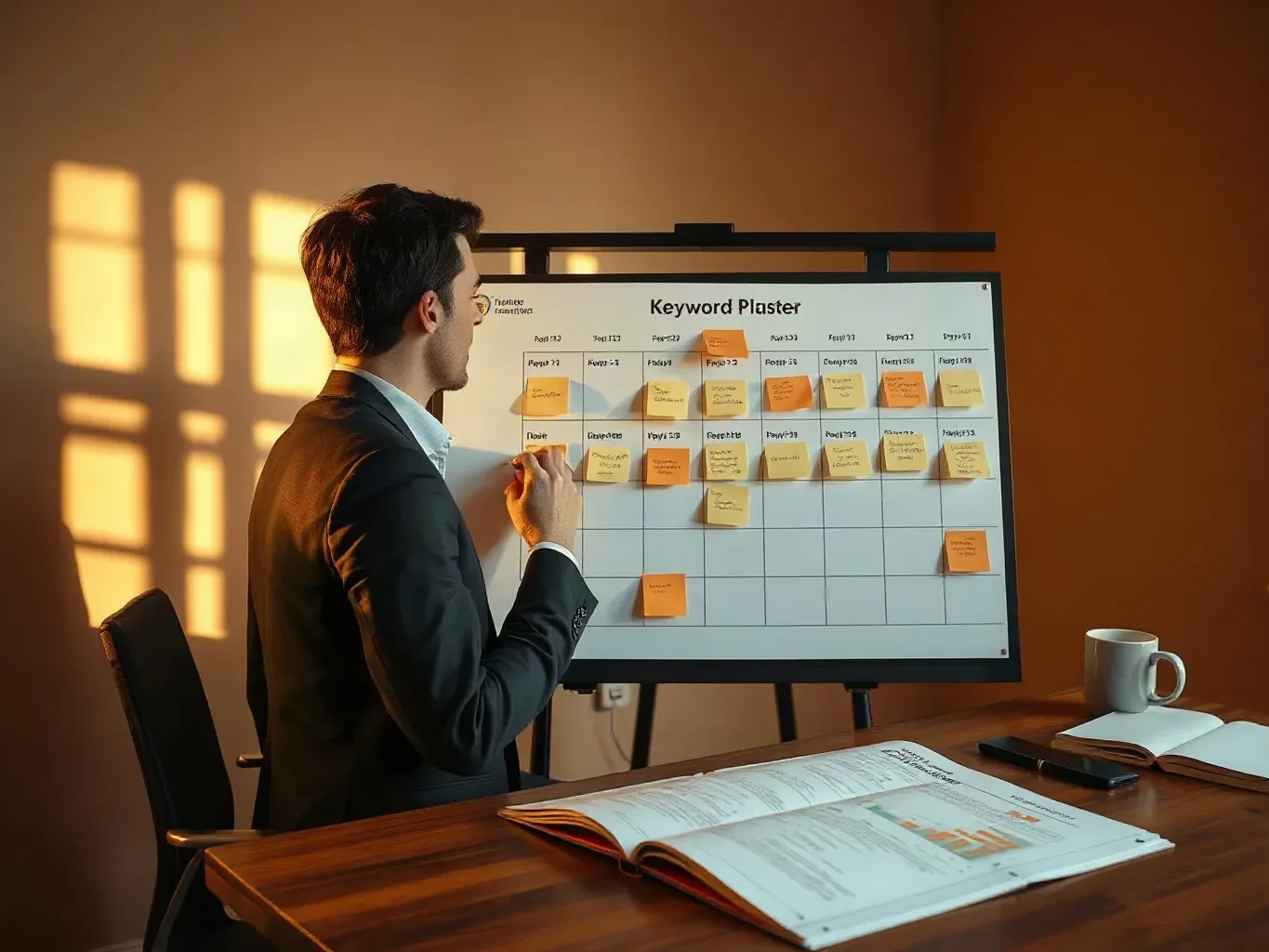 A marketing professional in business attire at the planning board writing campaign-phase labels onto sticky notes and pressing them into a timeline sequence across the keyword cluster grid, a printed analytics report spread open on the desk below