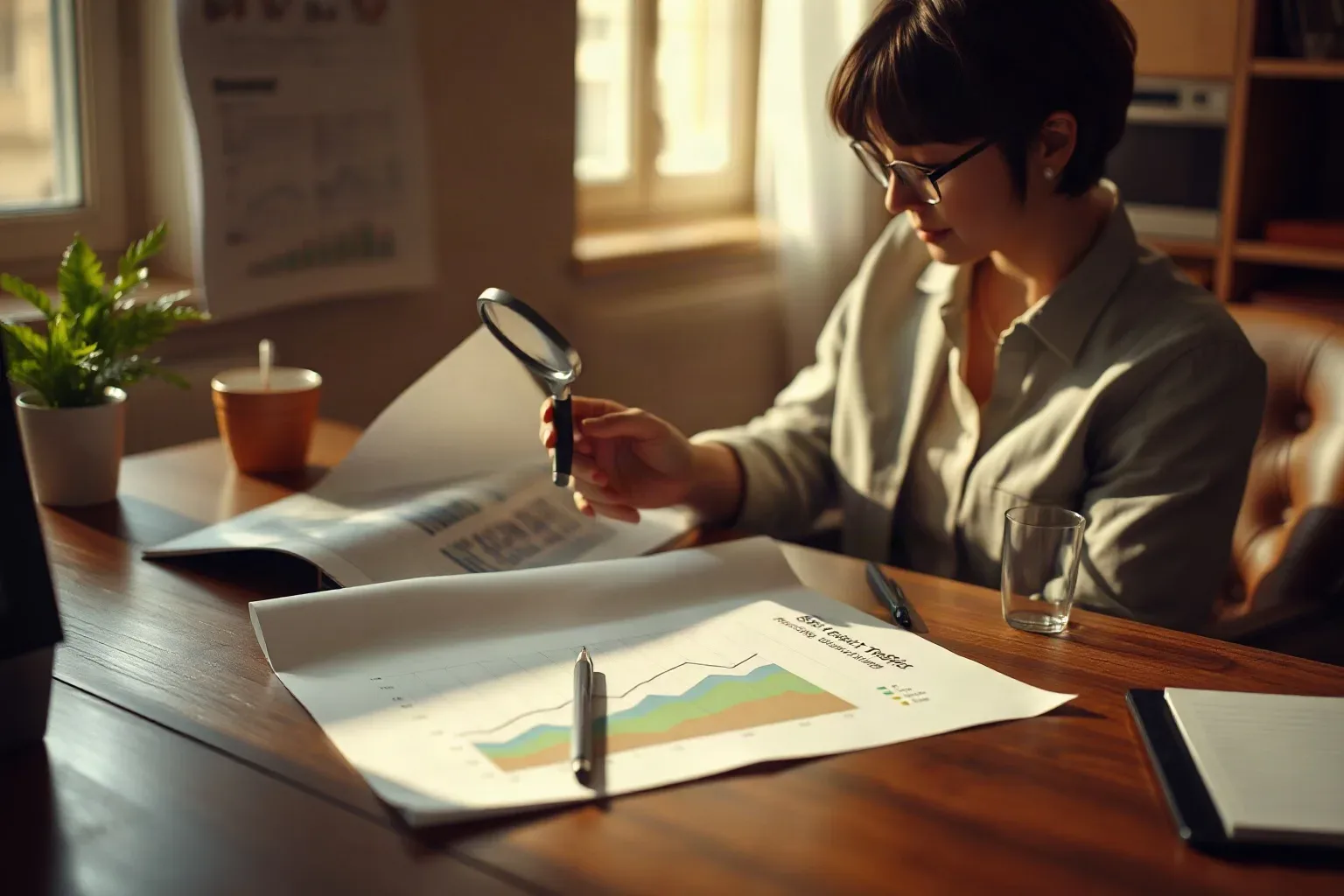 A person wearing glasses examines a document through a magnifying glass at a wooden desk covered with printed charts and graphs