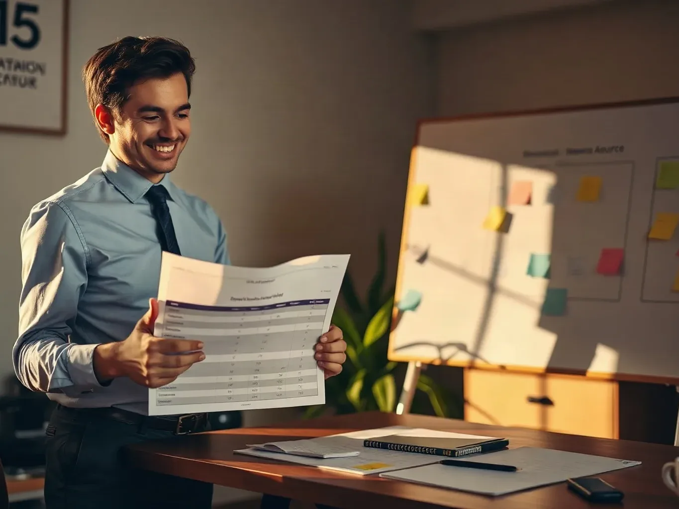 A marketing professional in business attire standing at the desk and holding a printed analytics report open while running a finger along a domain-authority comparison table, the planning board behind them covered in media-source sticky notes