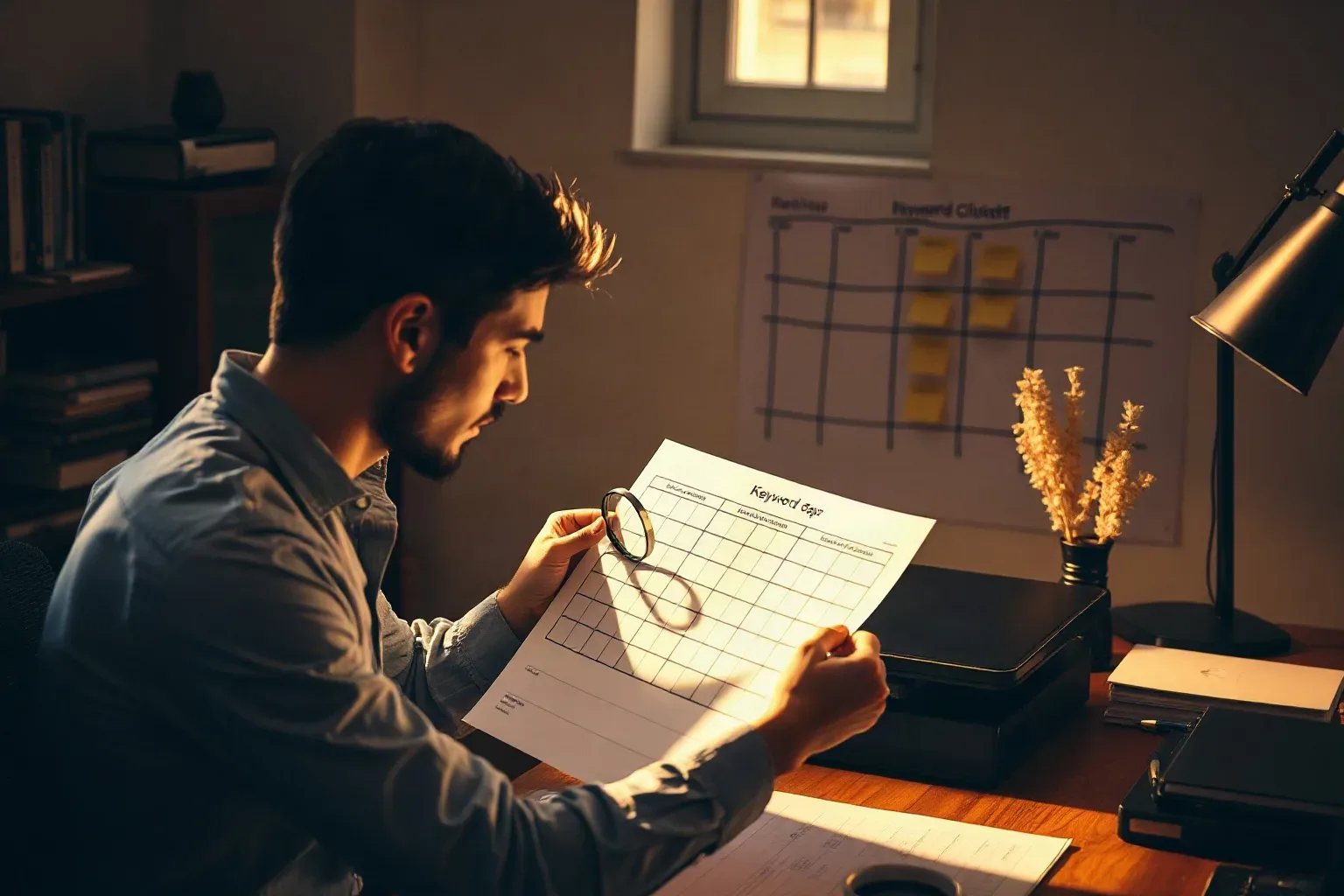 A marketing professional at the agency desk placing a magnifying glass over a keyword-gap table on a printed analytics report, the sticky-note keyword cluster grid on the planning board behind showing several empty grid positions