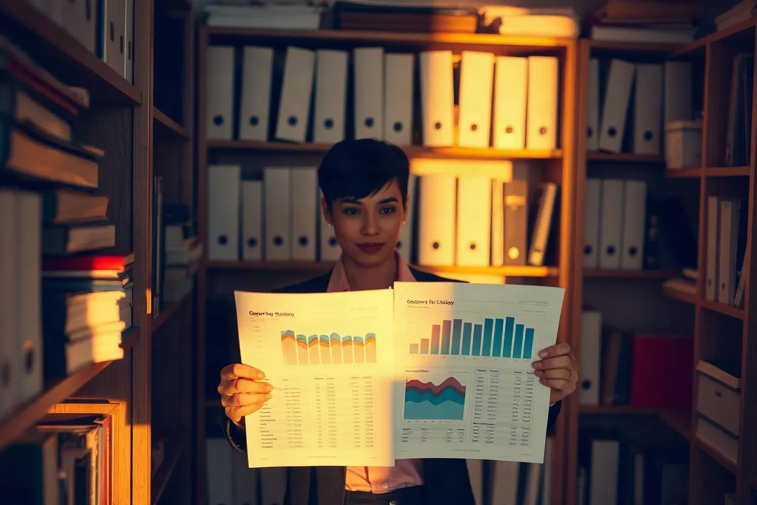 A person in business attire stands between archive shelves, holding up two printed sheets of charts and graphs