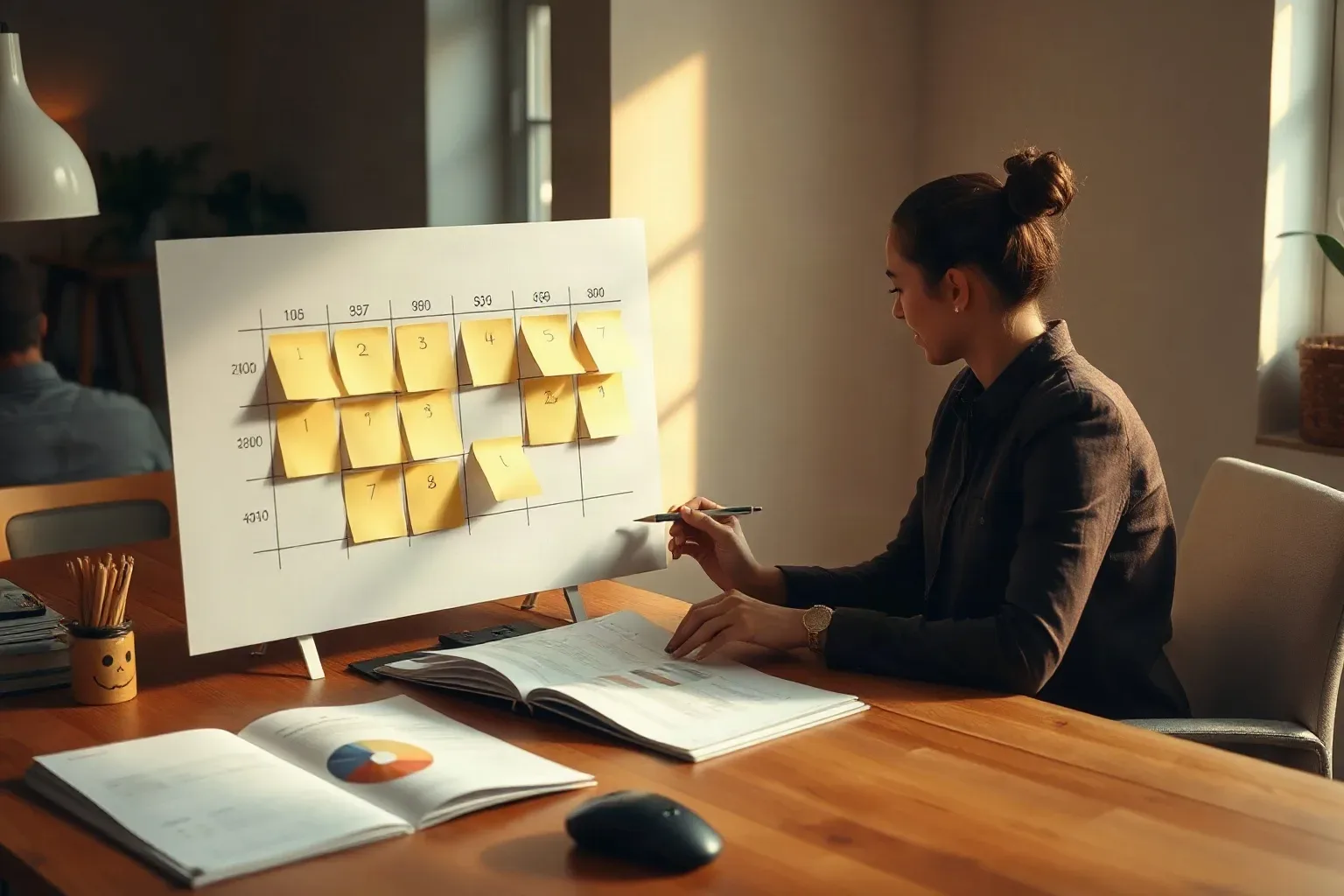 A person sits at a wooden desk reviewing open documents, pointing a pen towards a large board covered in numbered yellow sticky notes arranged in a grid