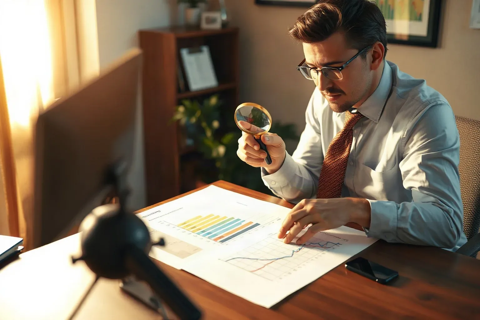 A marketing professional in business attire at the desk placing a magnifying glass over a competitor-ranking column on a printed analytics report, a search-result ranking diagram drawn on paper partially overlapping the report on the same desk surface