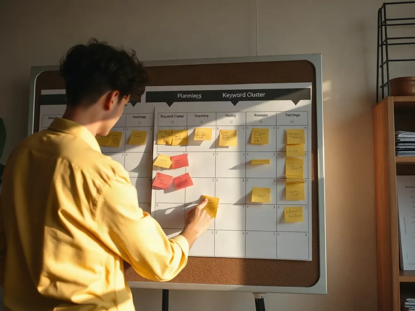 A person in a yellow shirt places sticky notes onto a wall-mounted grid planning board covered in yellow and red notes
