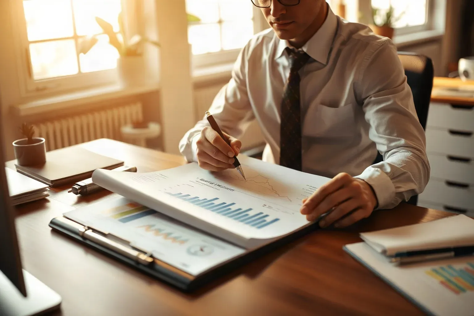 A person in a shirt and tie sits at a wooden desk, annotating printed charts and graphs held in a clipboard folder