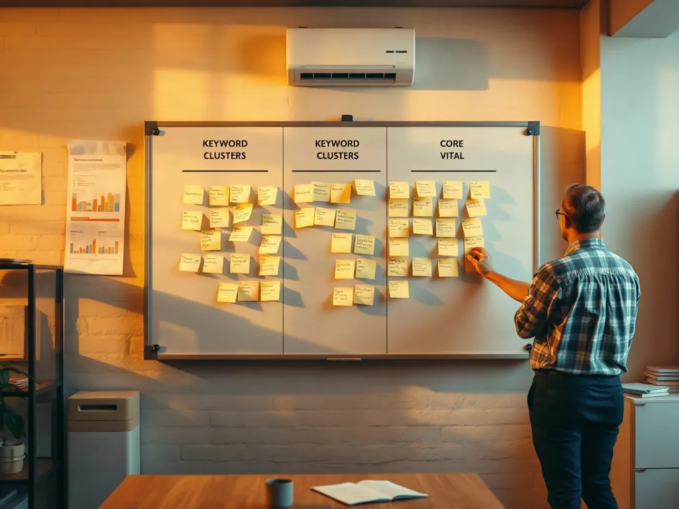 A person in a checked shirt arranges sticky notes across three sections of a large wall-mounted planning board covered in yellow notes, in a warmly lit office