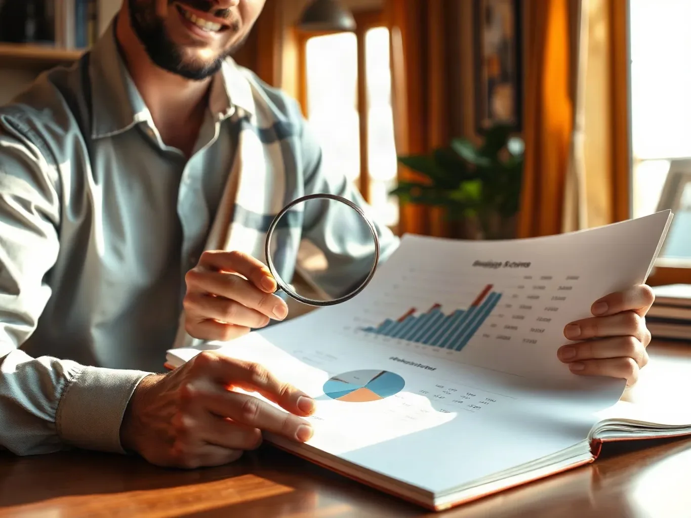 A smiling person holds a magnifying glass over printed documents featuring bar and pie charts, seated at a wooden desk in a warmly lit room
