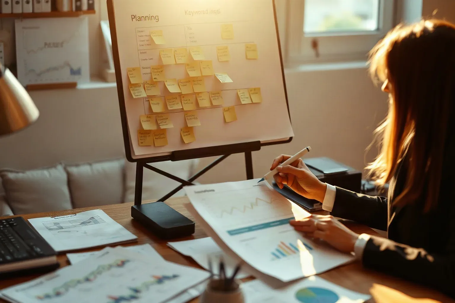 A marketing professional in business attire at the planning board circling a particular sticky-note keyword cluster with a marker while referencing a search-result ranking diagram drawn on paper held in their other hand, printed analytics reports on the desk below