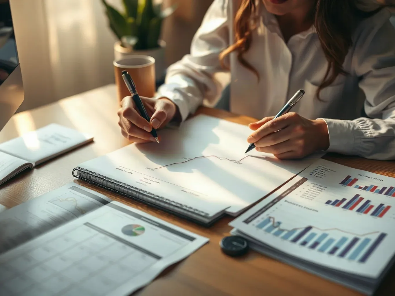 A person sits at a wooden desk holding two pens whilst reviewing printed charts and graphs spread across the surface, with a coffee cup and notebook nearby