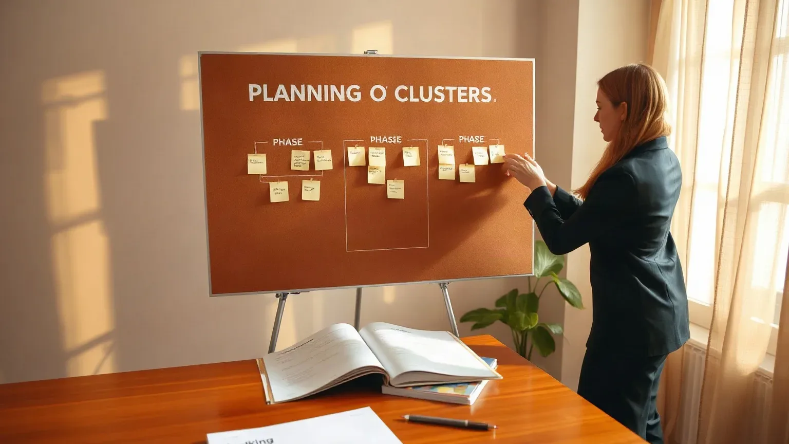 A person in business attire arranges sticky notes on a cork planning board divided into phases, beside an open book and documents on a wooden desk