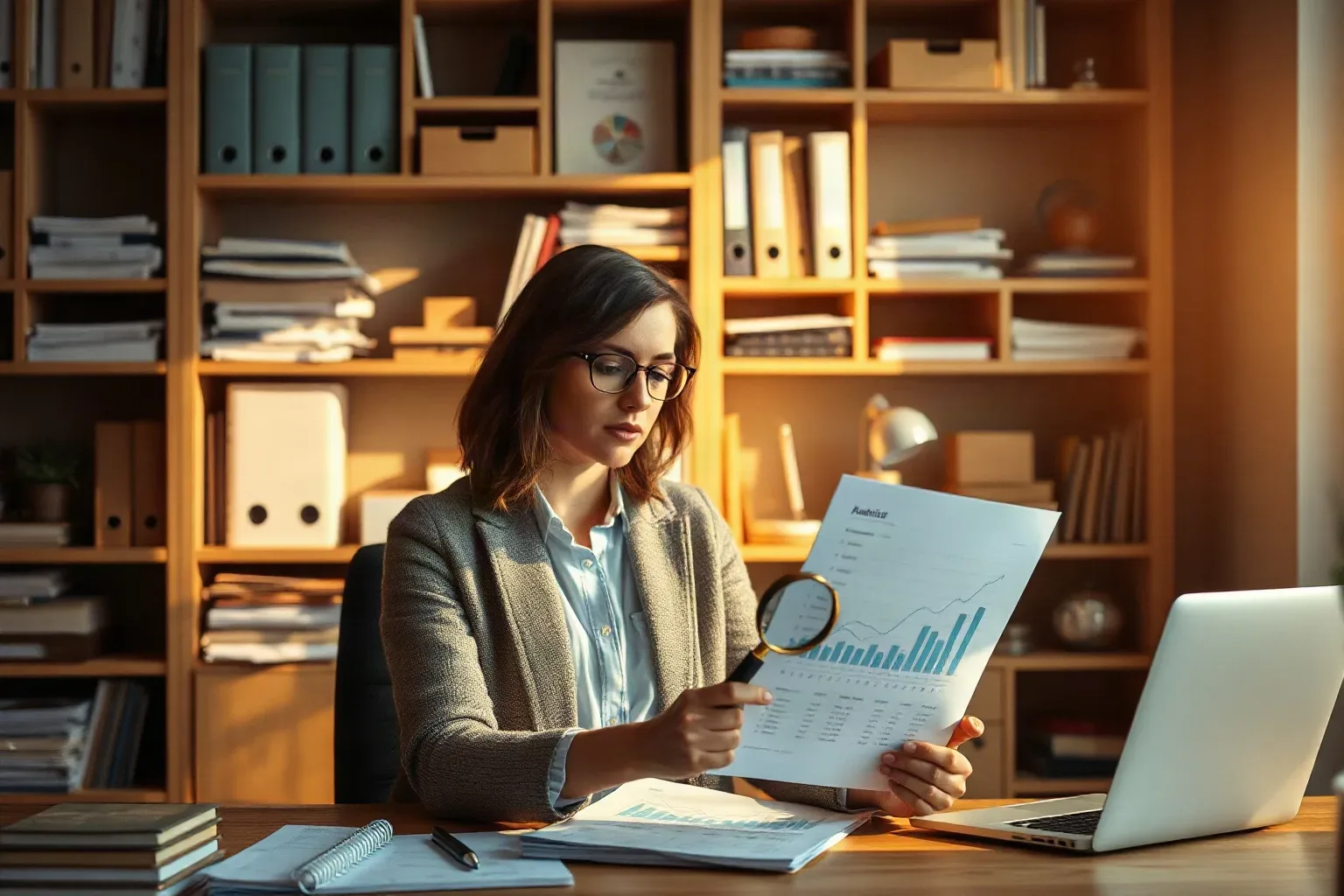 A person wearing glasses sits at a desk examining a printed report showing bar charts and line graphs through a magnifying glass, with a laptop and notebooks nearby and shelving filled with binders and files behind them