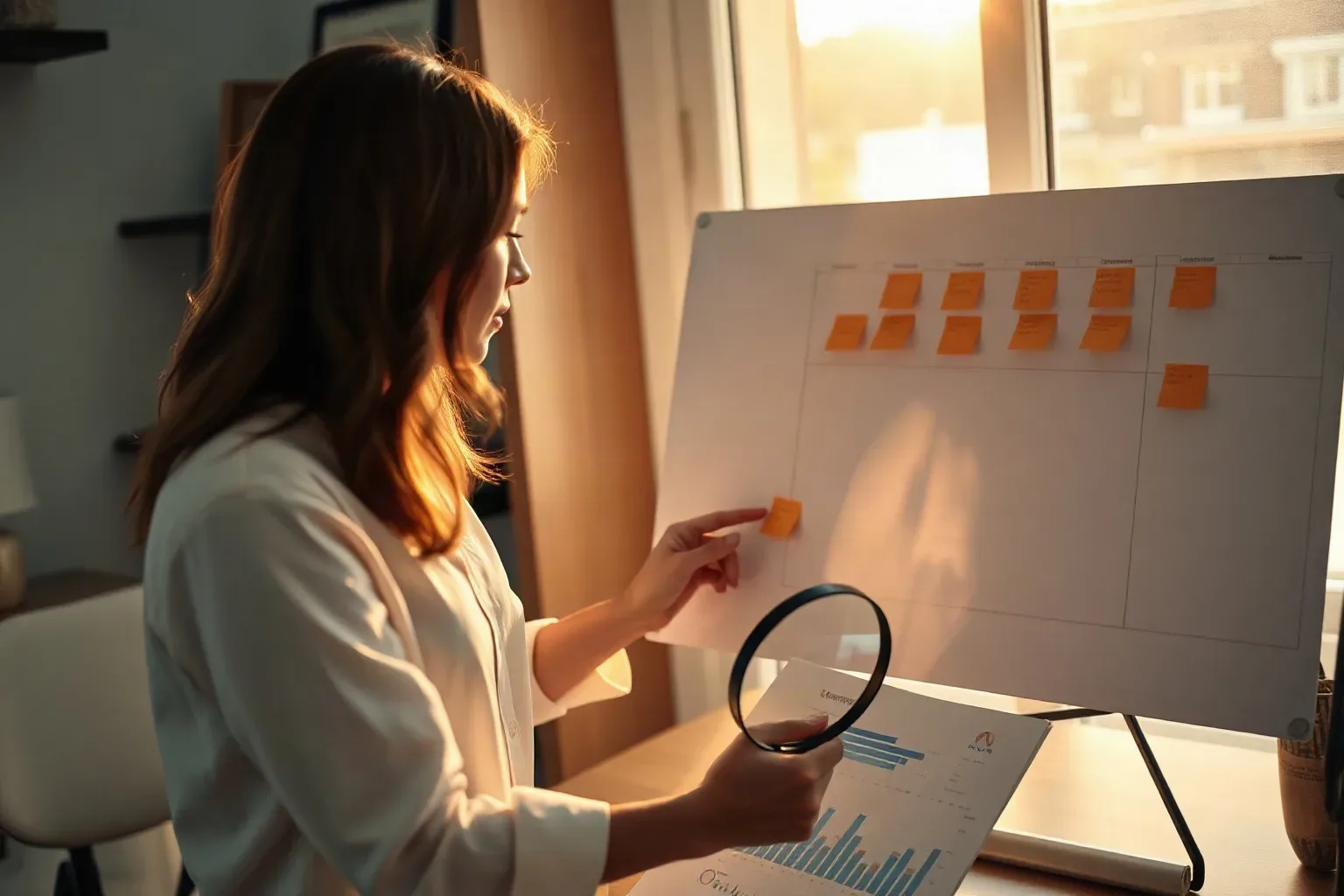 A marketing professional standing at the planning board and pressing a new sticky note into the keyword cluster grid while holding a magnifying glass against a printed analytics report on the desk below with their other hand