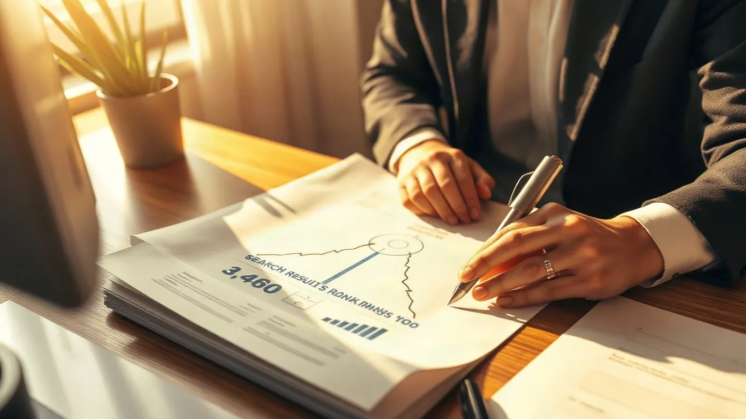 A person in a suit leans over a desk, pen in hand, reviewing printed documents showing a line graph and figures