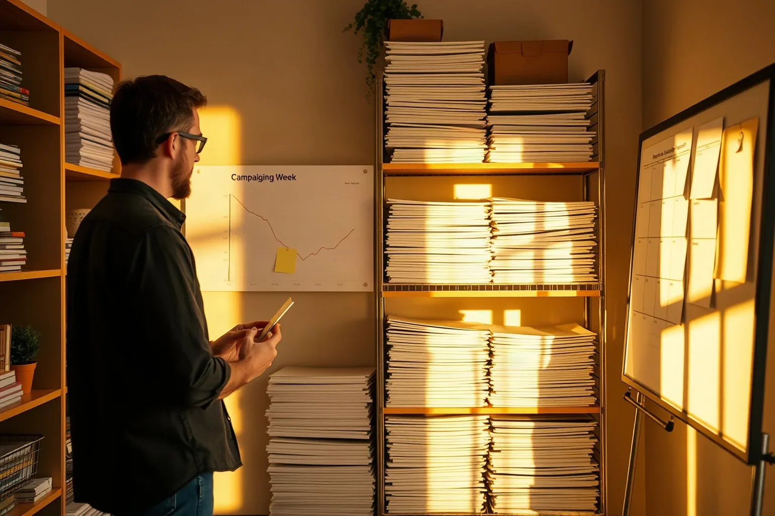A bearded person wearing glasses stands in a warmly lit office holding a small device, facing a wall-mounted chart beside tall shelves stacked with papers