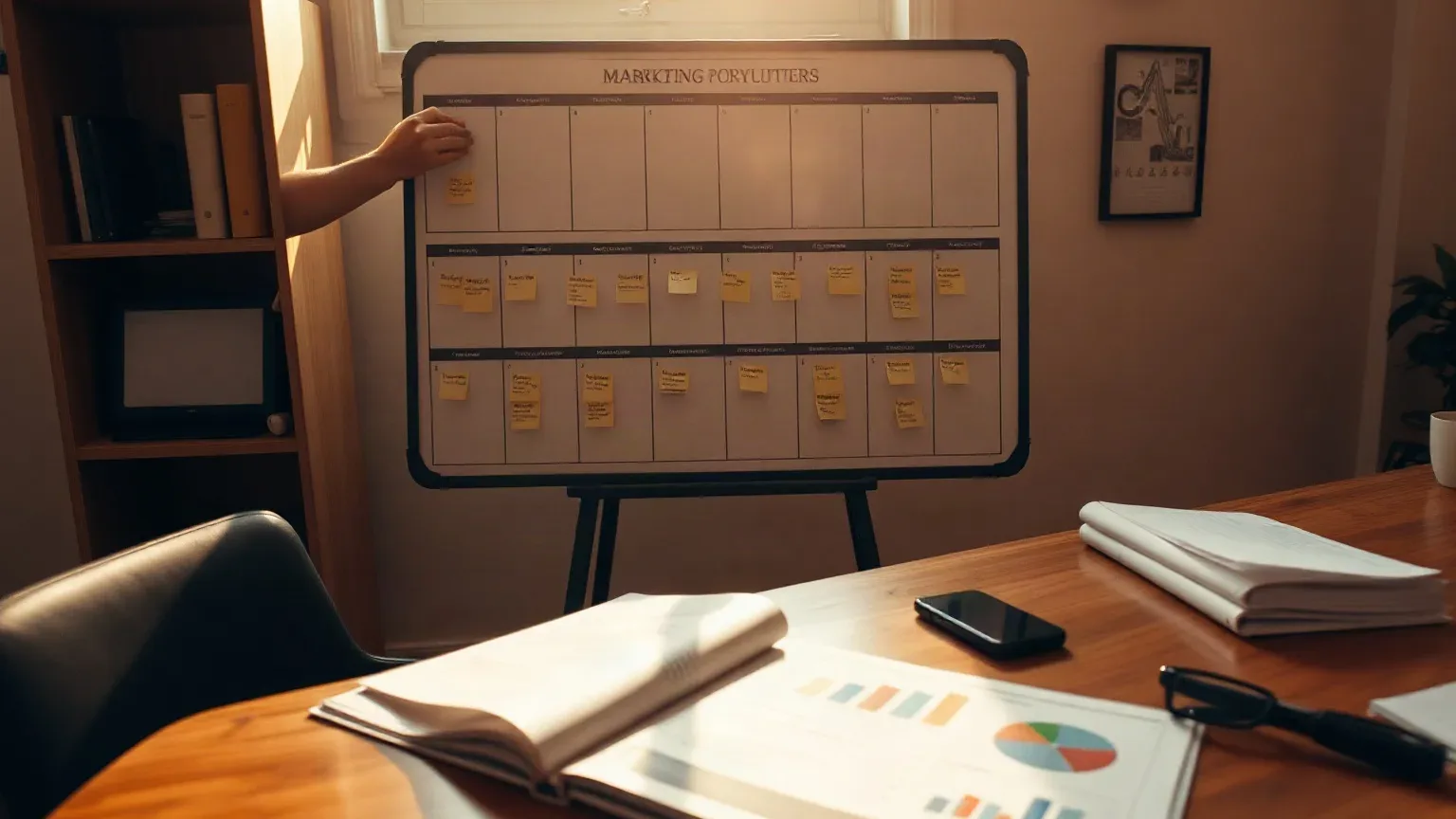 A marketing professional in business attire at the planning board grouping sticky-note keyword clusters into publication-type columns while a printed analytics report lies open on the desk surface immediately below the board