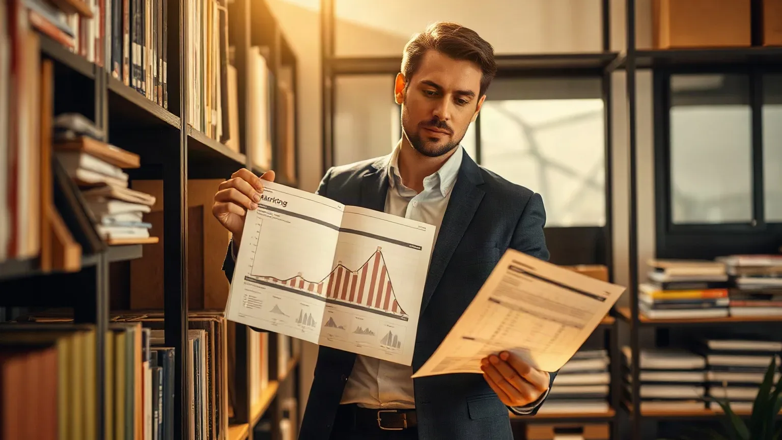 A person in a navy suit stands beside a bookshelf in an office, reviewing printed documents that include a chart with red and white bars
