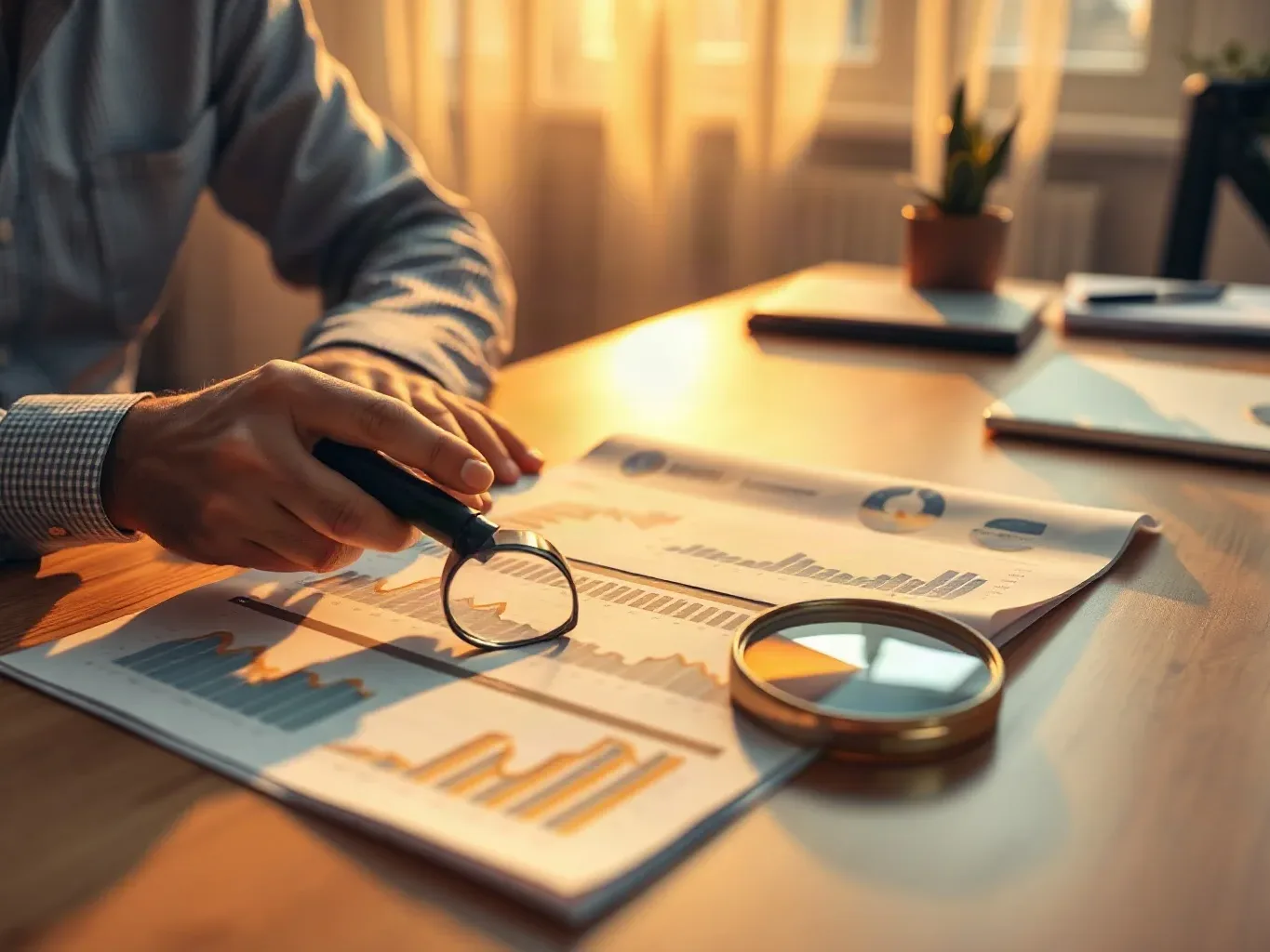 A person in a checked shirt uses a magnifying glass to examine printed charts and graphs spread across a wooden desk, with a second magnifying glass resting nearby