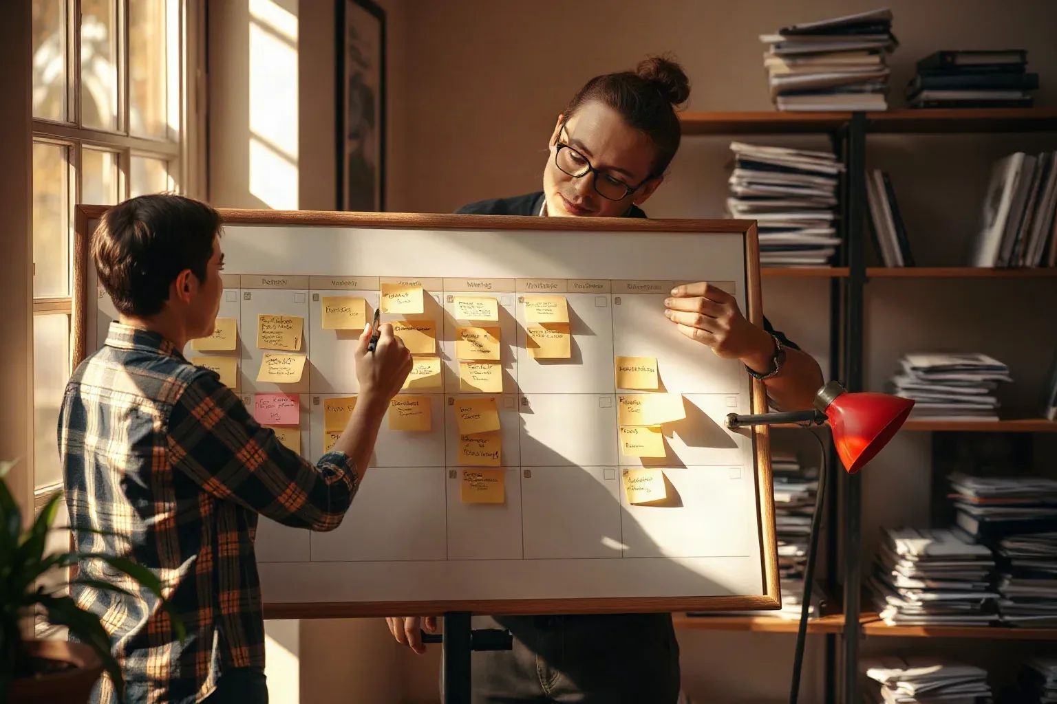 Two people collaborate on a whiteboard covered in yellow sticky notes arranged in a grid, in a room with shelves stacked with papers and books