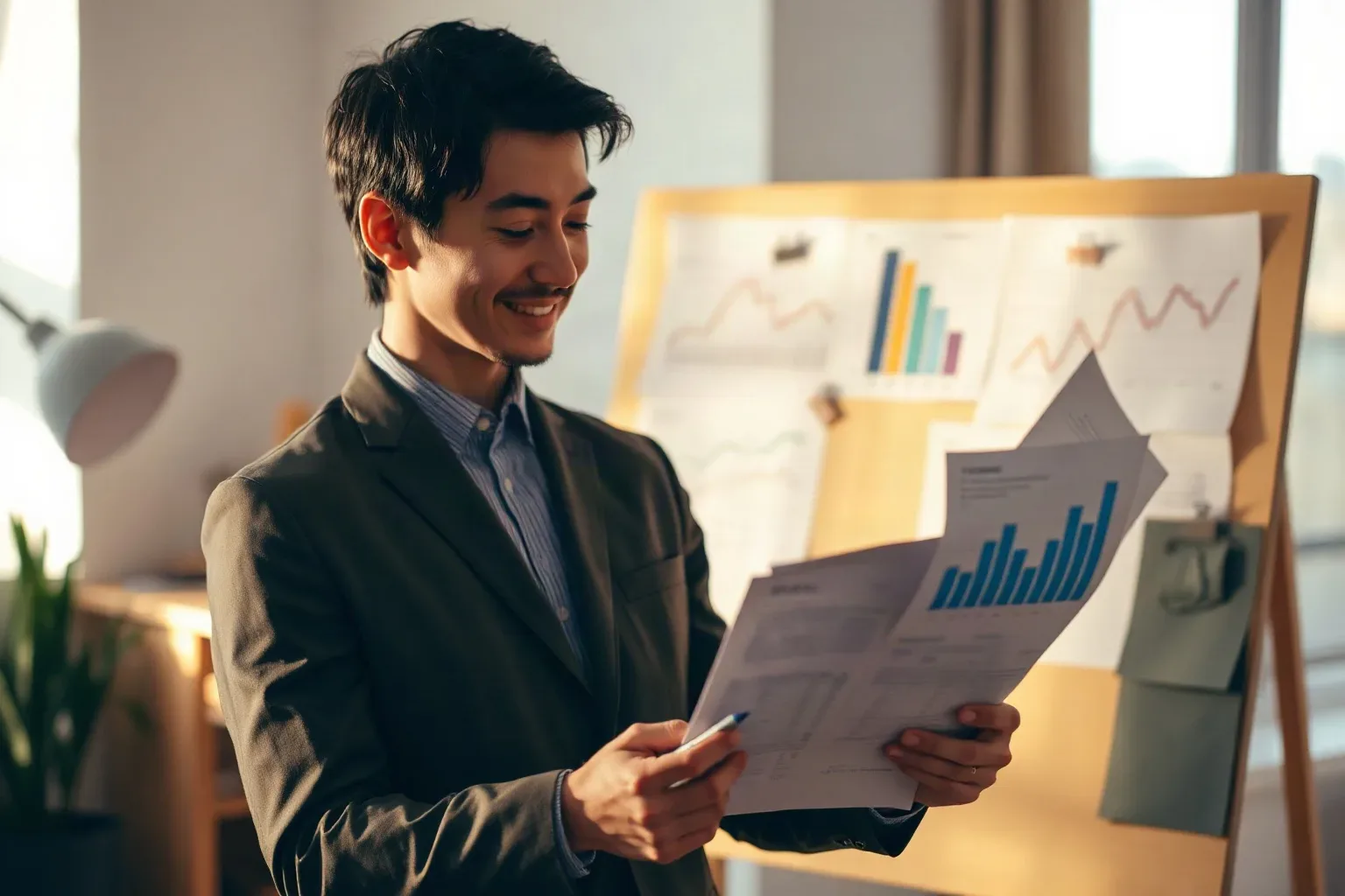 A person in a dark suit smiles whilst reviewing printed documents showing bar charts, standing in front of a board displaying various graphs and charts