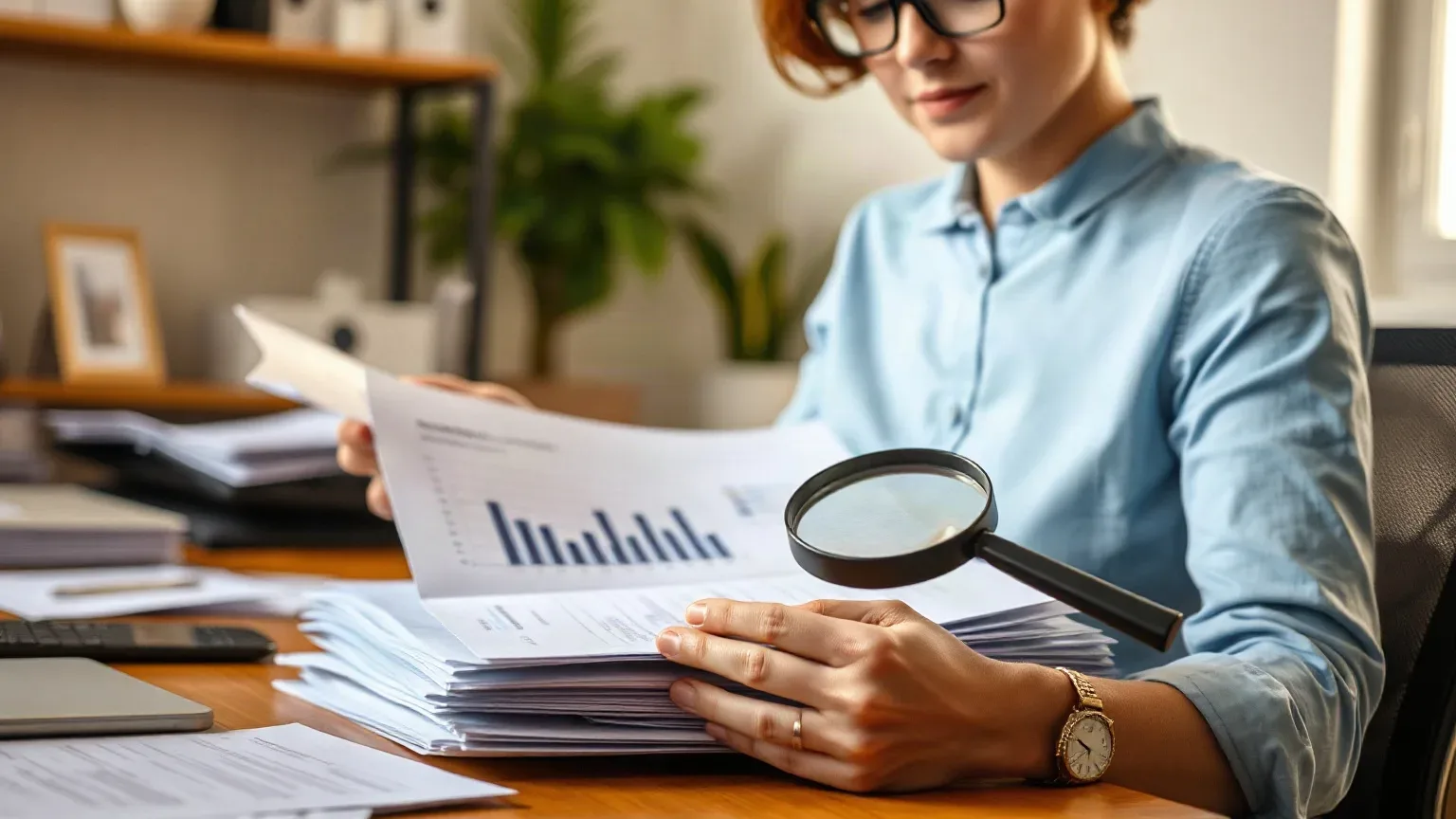 A person with short red hair and glasses sits at a wooden desk examining a printed bar chart through a magnifying glass, surrounded by stacks of documents in an office