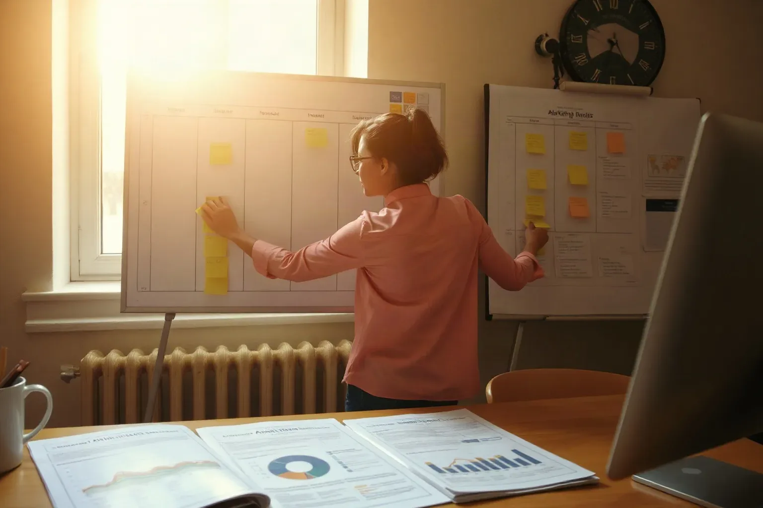 A marketing professional reaching across the planning board to regroup a cluster of keyword sticky notes under a new column heading, printed analytics reports spread open on the desk below the board