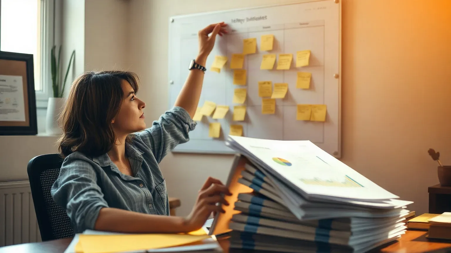 A marketing professional at a desk sorting through a stack of printed analytics reports while reaching up to reposition a sticky-note keyword cluster on the planning board behind them