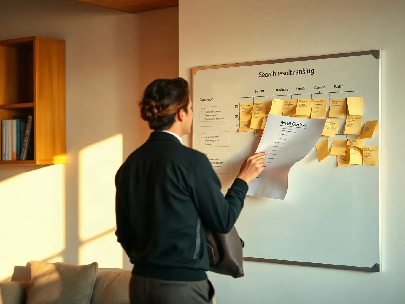 A marketing professional in business attire standing before a wall-mounted planning board, holding a search-result ranking diagram drawn on paper and comparing it against the arranged sticky-note keyword clusters