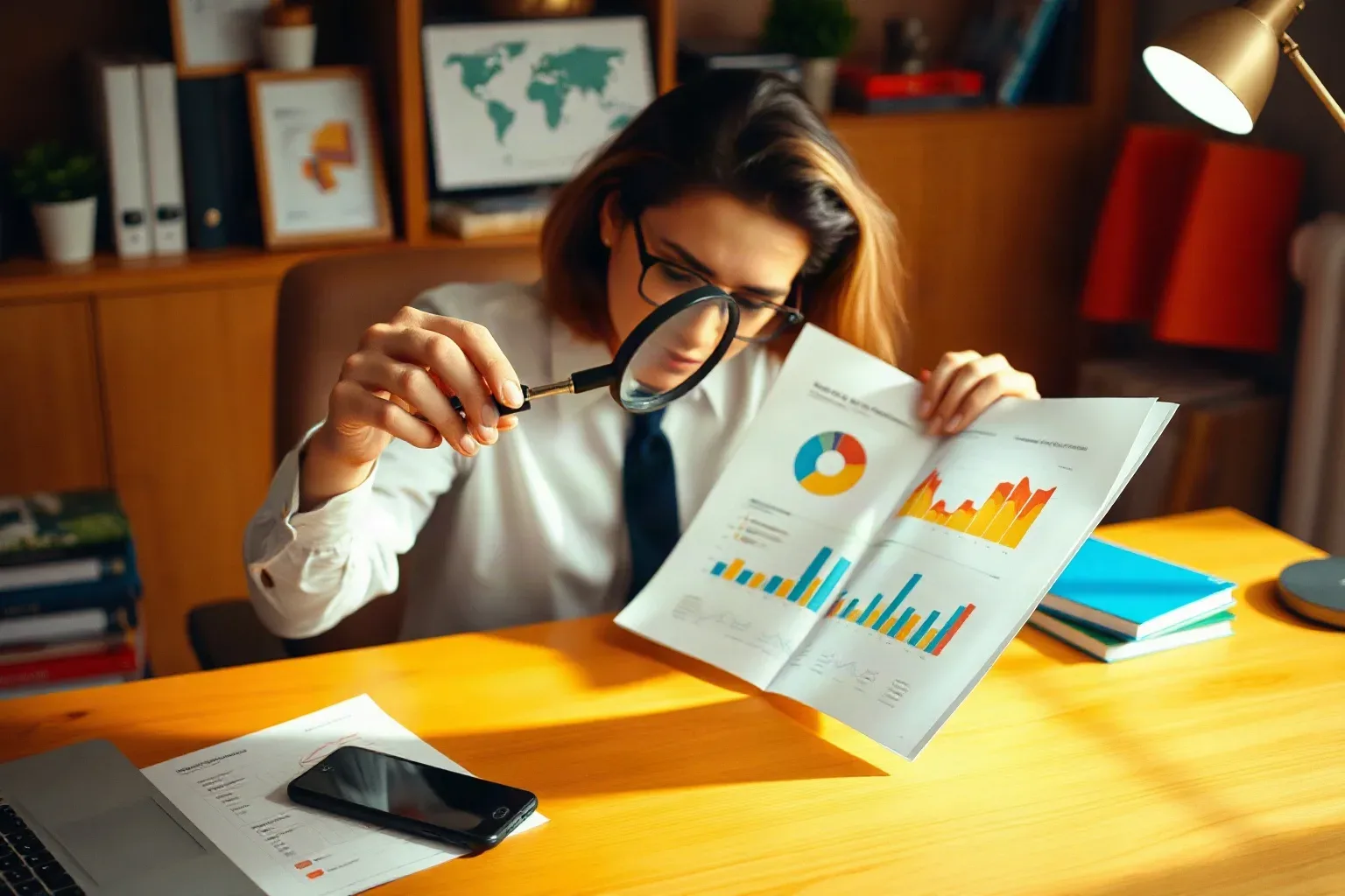 A person in a white shirt and tie examines printed charts and graphs through a magnifying glass whilst seated at a wooden desk in an office