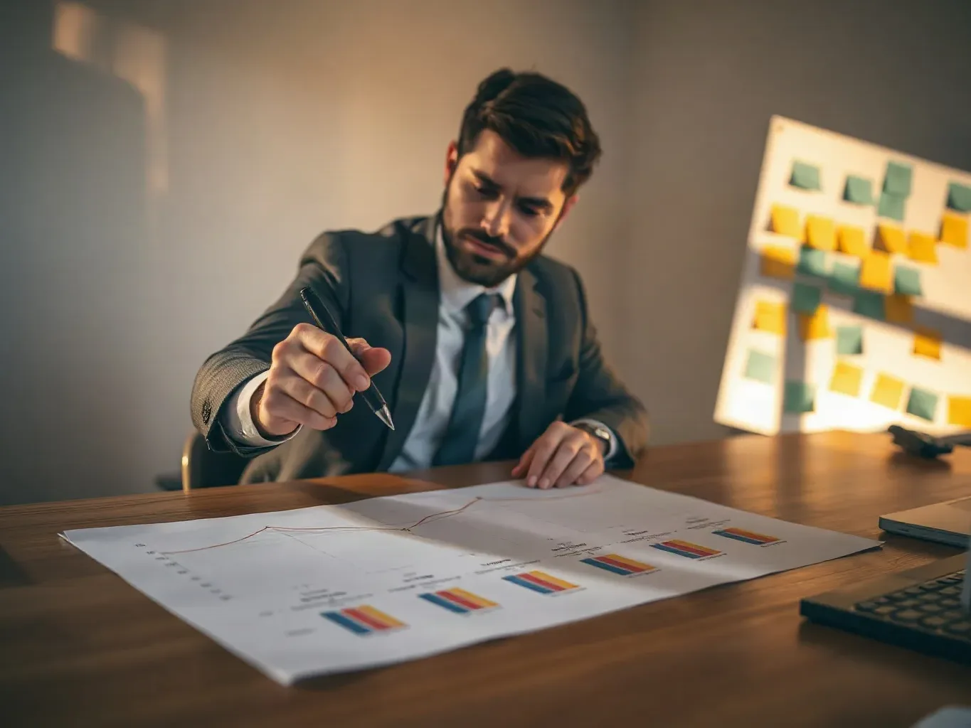 A marketing professional in business attire drawing a timeline directly onto a search-result ranking diagram on paper laid across a desk, with sticky-note keyword clusters visible on the planning board in the background
