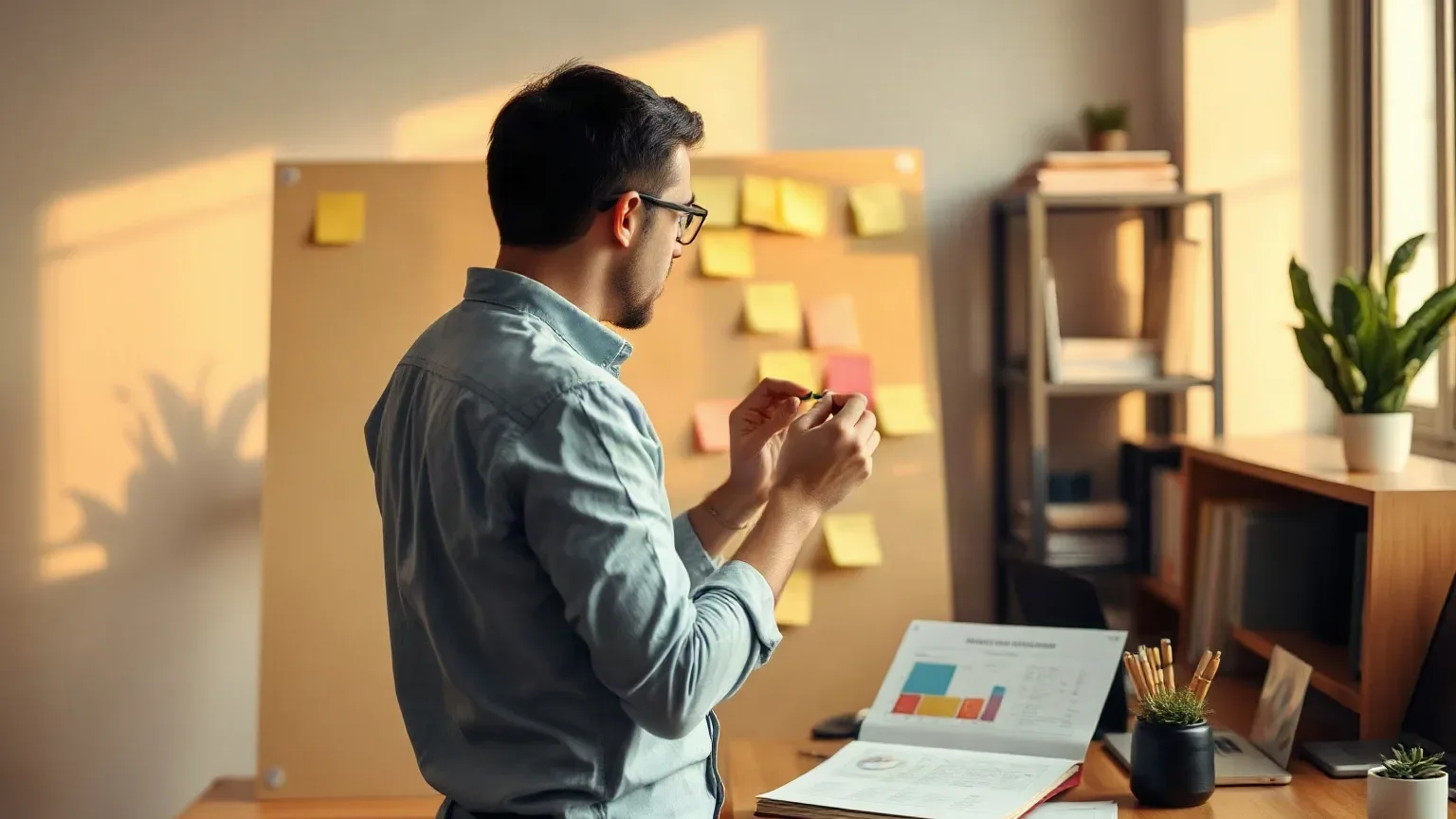 A marketing professional standing at the planning board in a dedicated marketing agency workspace, annotating individual sticky-note keyword clusters while a printed analytics report rests open on the organised shelving beside them