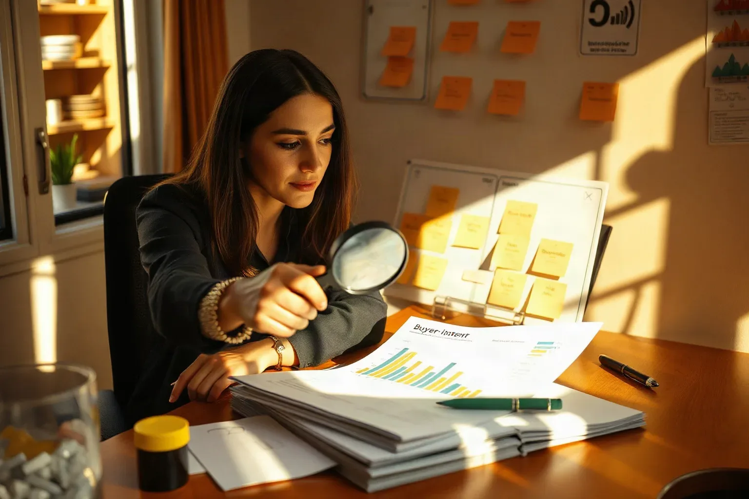 A marketing professional at the agency desk pressing a magnifying glass over a buyer-intent column on a printed analytics report, the keyword cluster planning board behind them showing industry-labelled sections of sticky notes