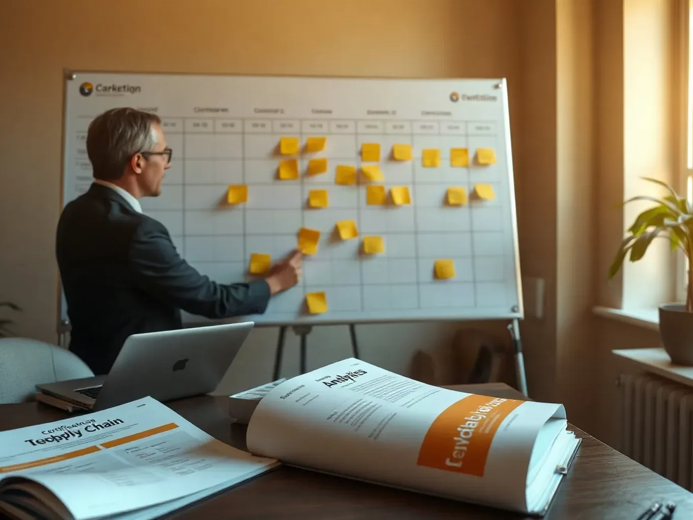 A person in a dark suit arranges yellow sticky notes on a grid planning board, with documents and a laptop on the desk in front