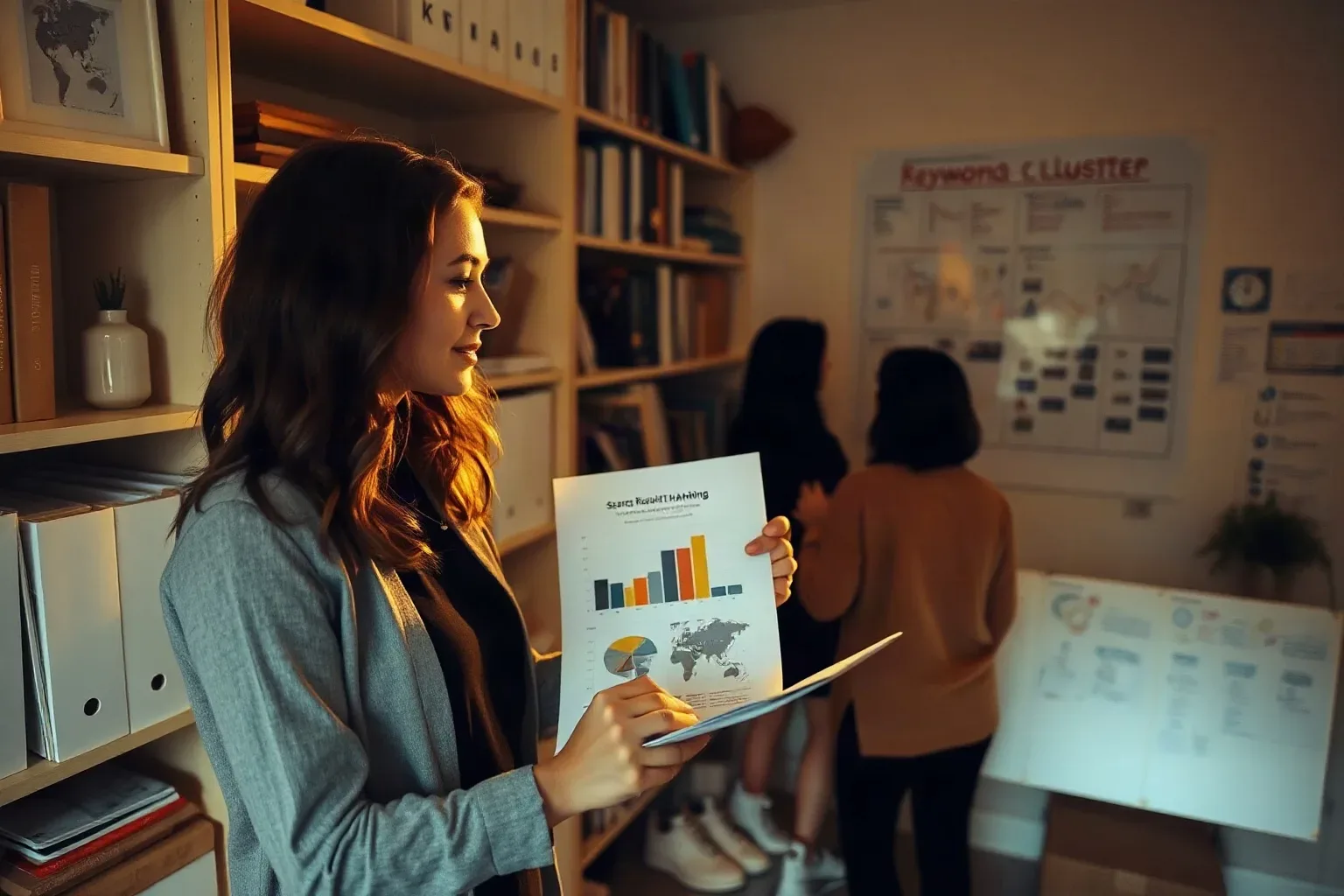 A marketing professional standing at the organised shelving and cross-referencing a search-result ranking diagram drawn on paper against a printed analytics report open in the other hand, the keyword cluster planning board visible on the wall across the room