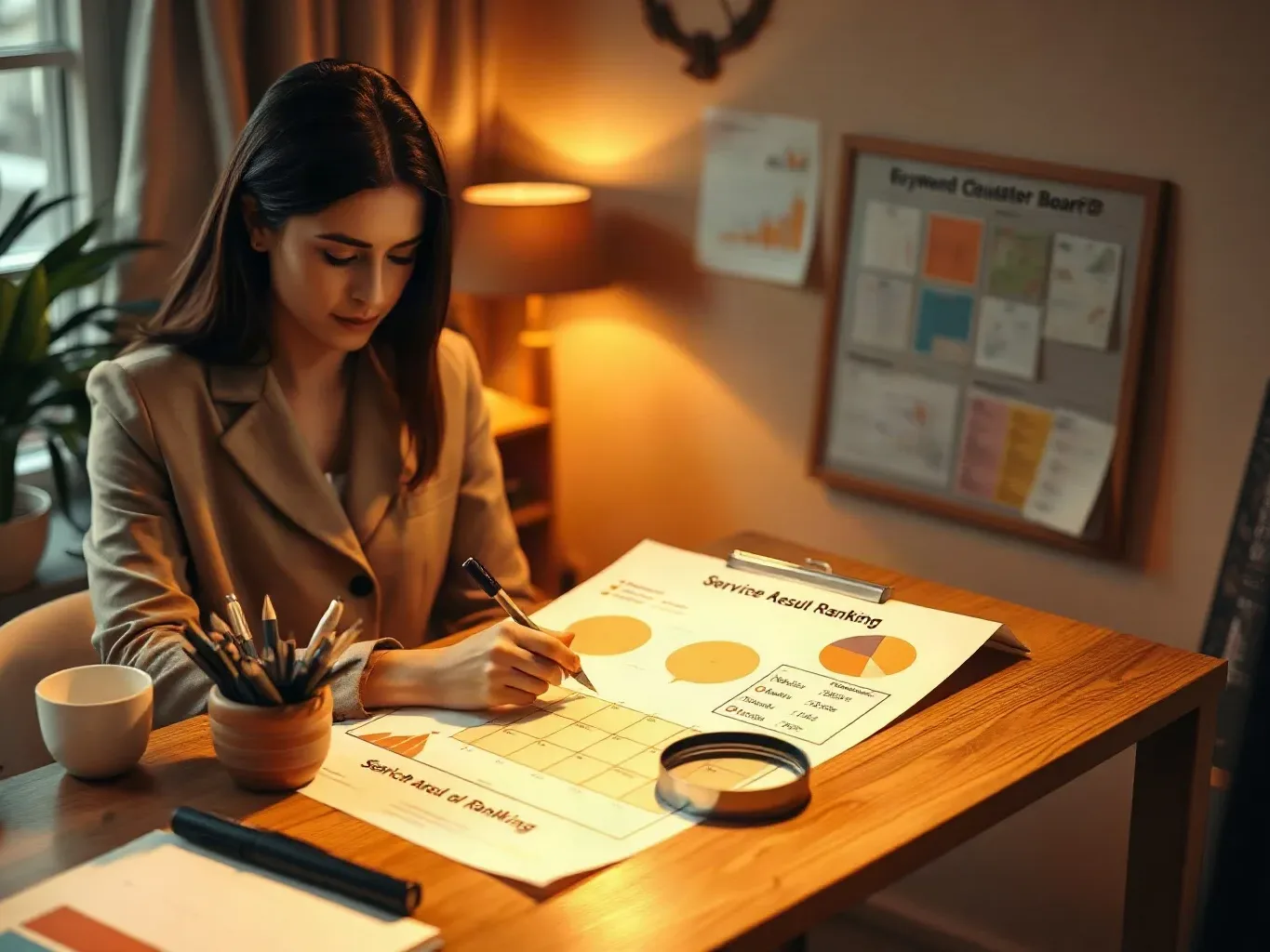 A marketing professional in business attire at the agency desk drawing service-area zones onto a search-result ranking diagram on paper, a magnifying glass placed at the edge of the diagram and the keyword cluster board filling the background
