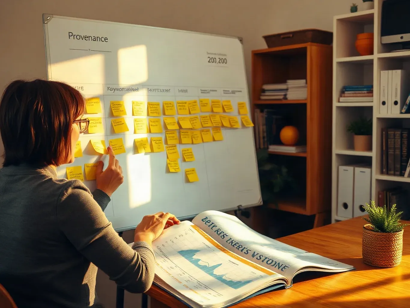 A marketing professional at the planning board pressing provenance-themed sticky notes into a new keyword cluster column while a printed analytics report showing product-category search-volume data lies open on the organised shelving beside the board