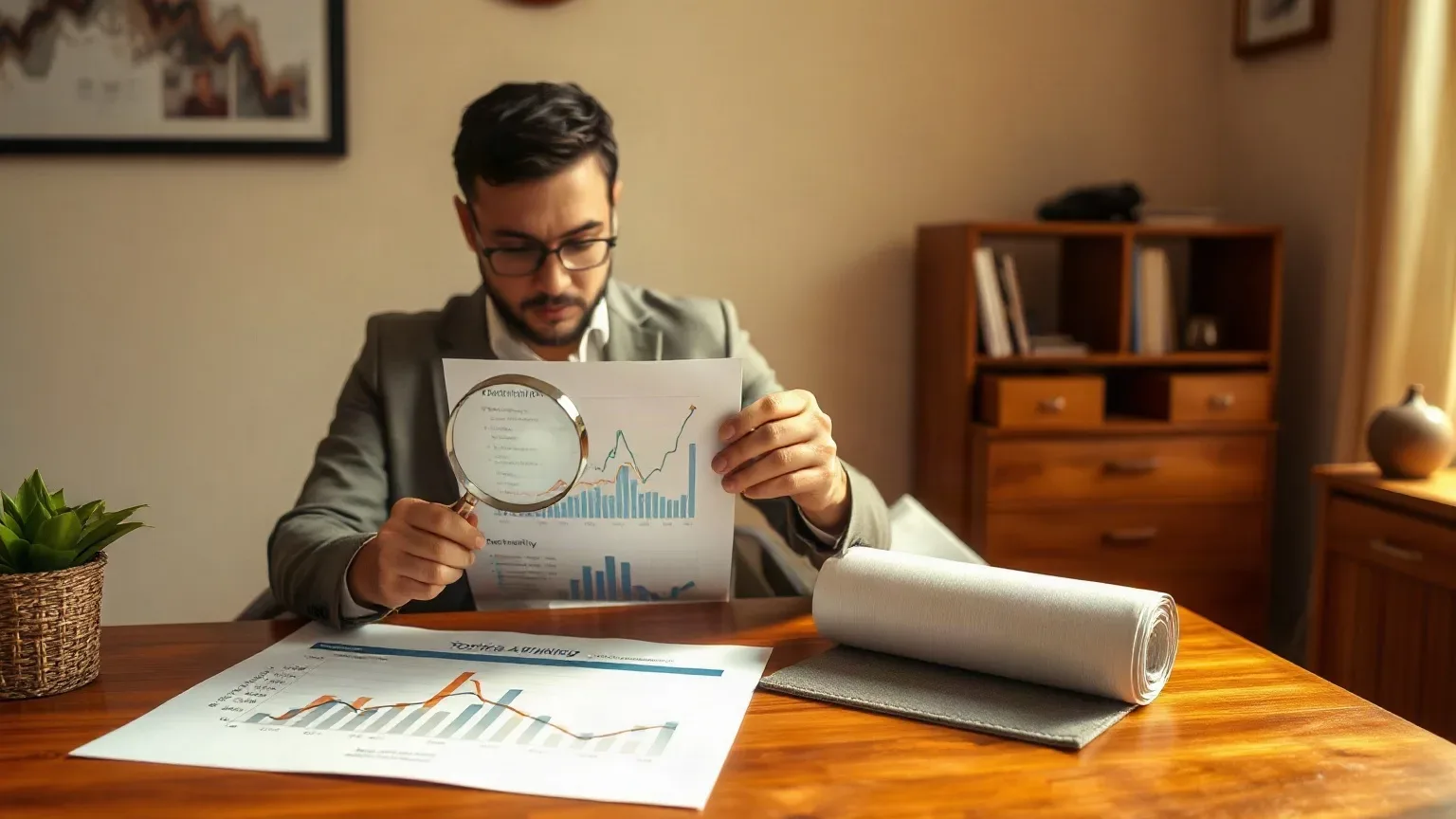 A marketing professional in business attire seated at the desk holding a magnifying glass over a topical-authority section of a printed analytics report, a search-result ranking diagram drawn on paper spread beside the report on the same desk surface