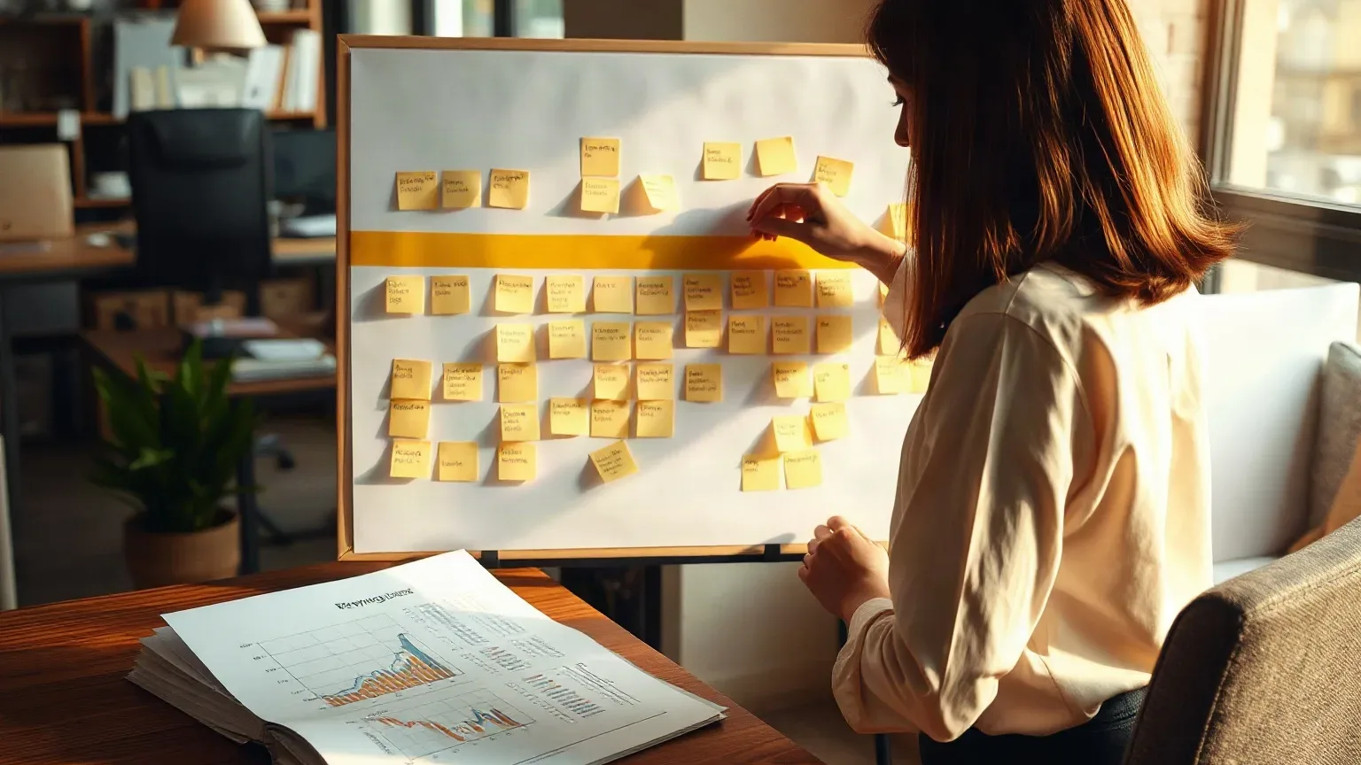 A person arranges sticky notes on a planning board covered in yellow note clusters, beside a desk with an open document showing charts