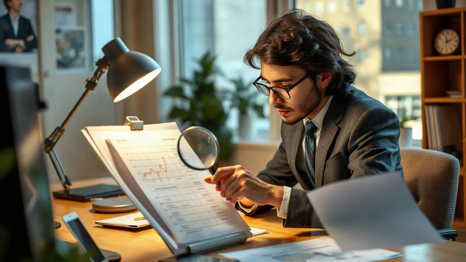 A person in a suit and glasses examines a document displaying charts and graphs through a magnifying glass at a well-lit office desk