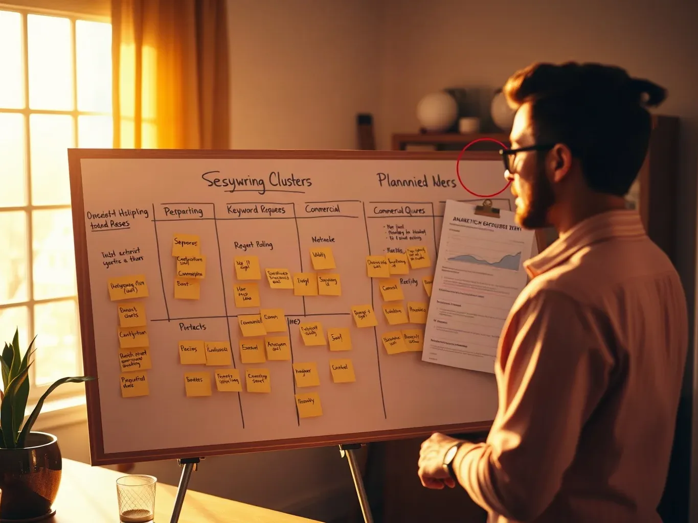 A person wearing glasses stands studying a whiteboard covered in sticky notes and handwritten grids in a warmly lit room