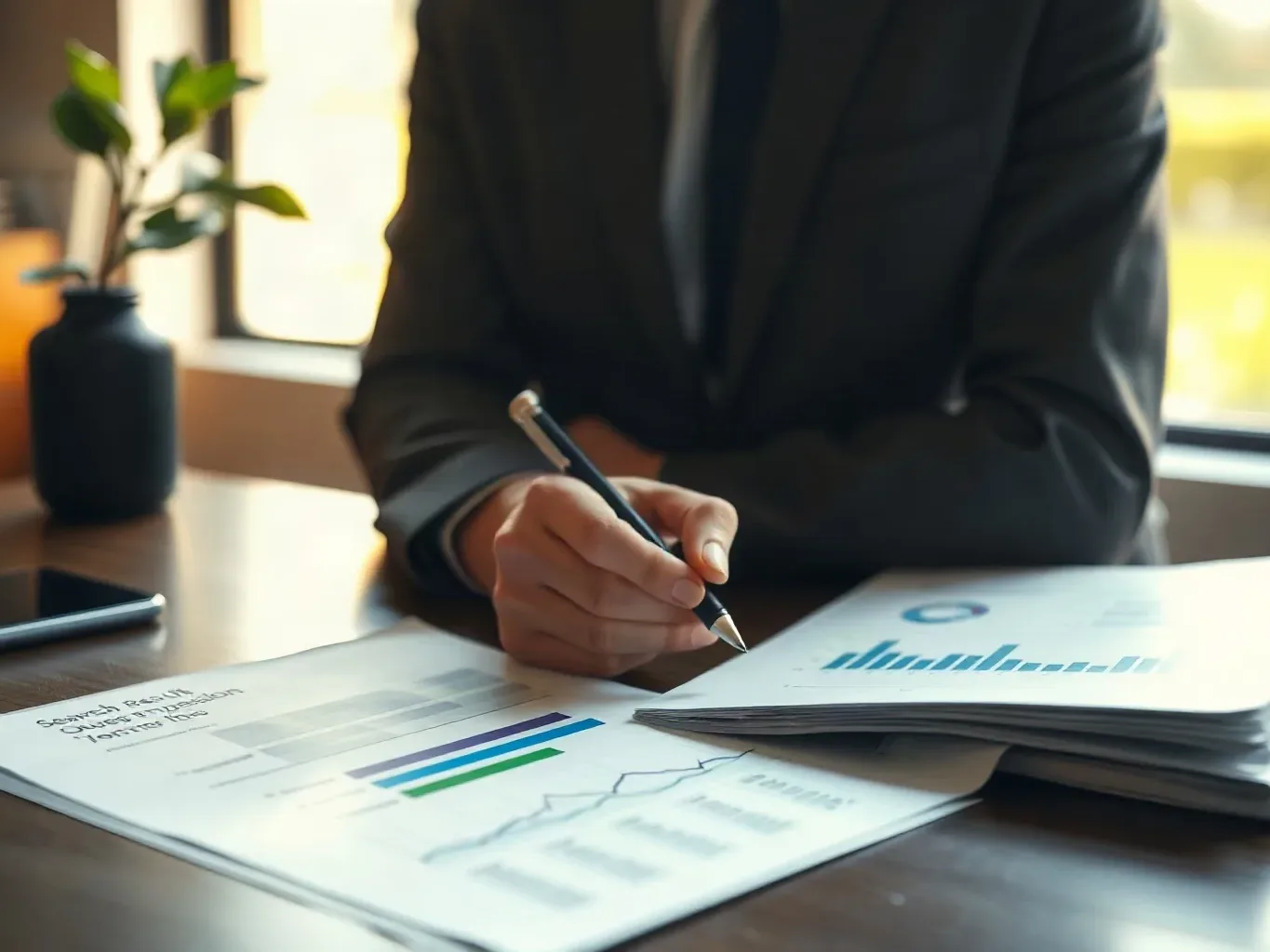A person in a dark suit holds a pen over printed charts and graphs spread across a desk, with a smartphone and plant in the background