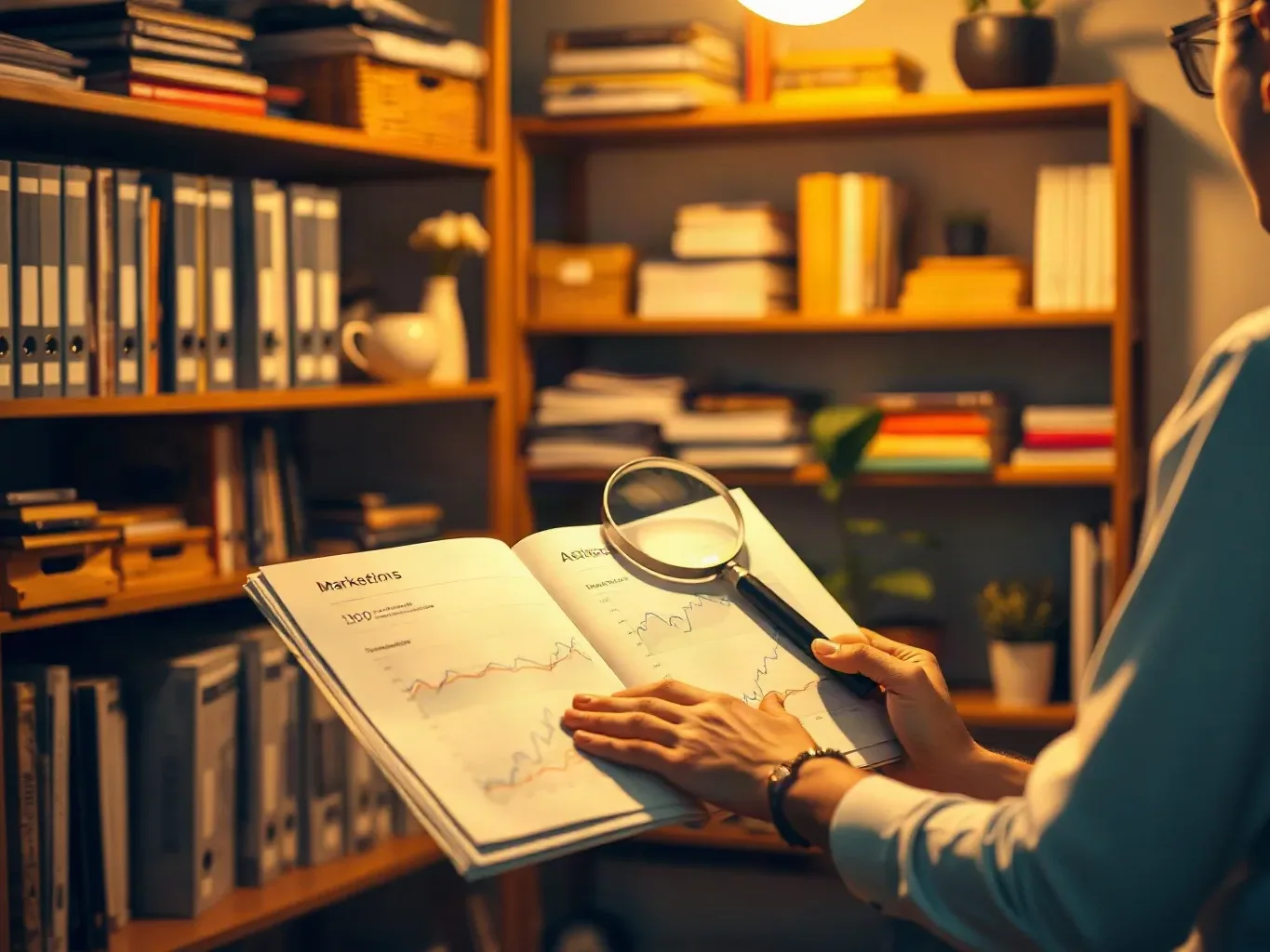 A person holds open a report showing line graphs while resting a magnifying glass on the pages, seated in front of shelves filled with binders and books