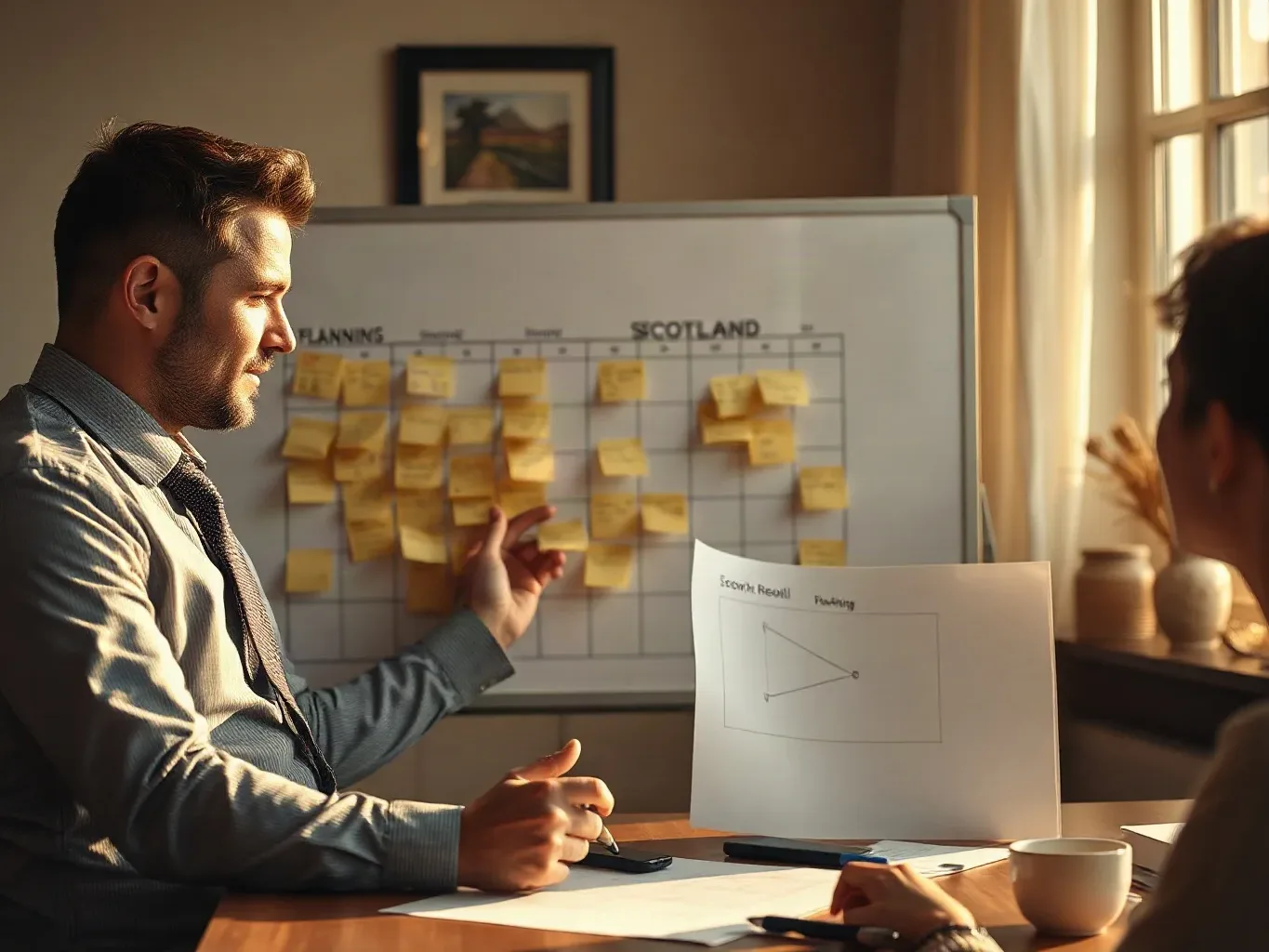 A person in business attire sits at a desk gesturing towards a whiteboard covered in yellow sticky notes, while another person sits opposite