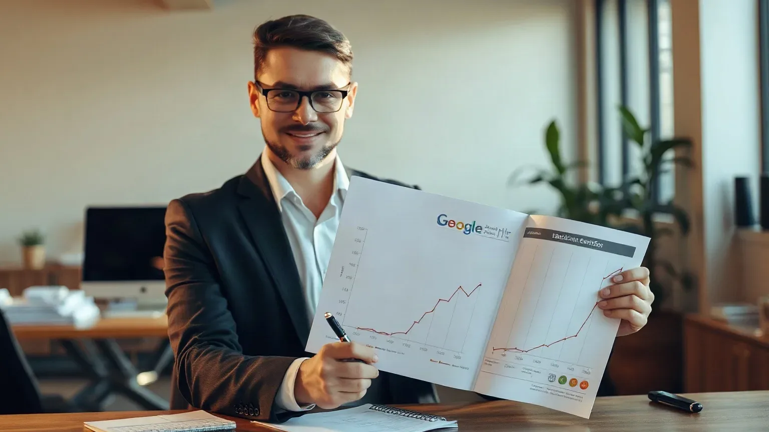 A person in a dark suit and glasses sits at a desk holding up a printed report showing a line graph, with a pen in hand and a notepad on the desk