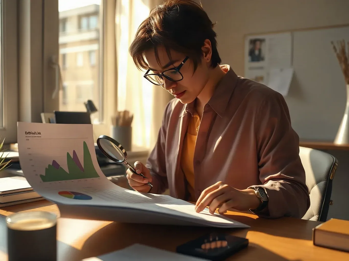 A person wearing glasses examines printed charts and graphs with a magnifying glass while seated at a sunlit desk