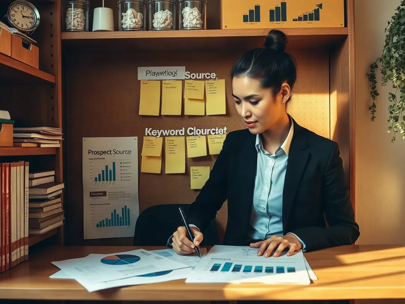 A marketing professional in business attire at the organised shelving laying multiple printed analytics reports across the shelf surface and marking prospect-source entries on each with a pen, the planning board covered in keyword cluster sticky notes behind them