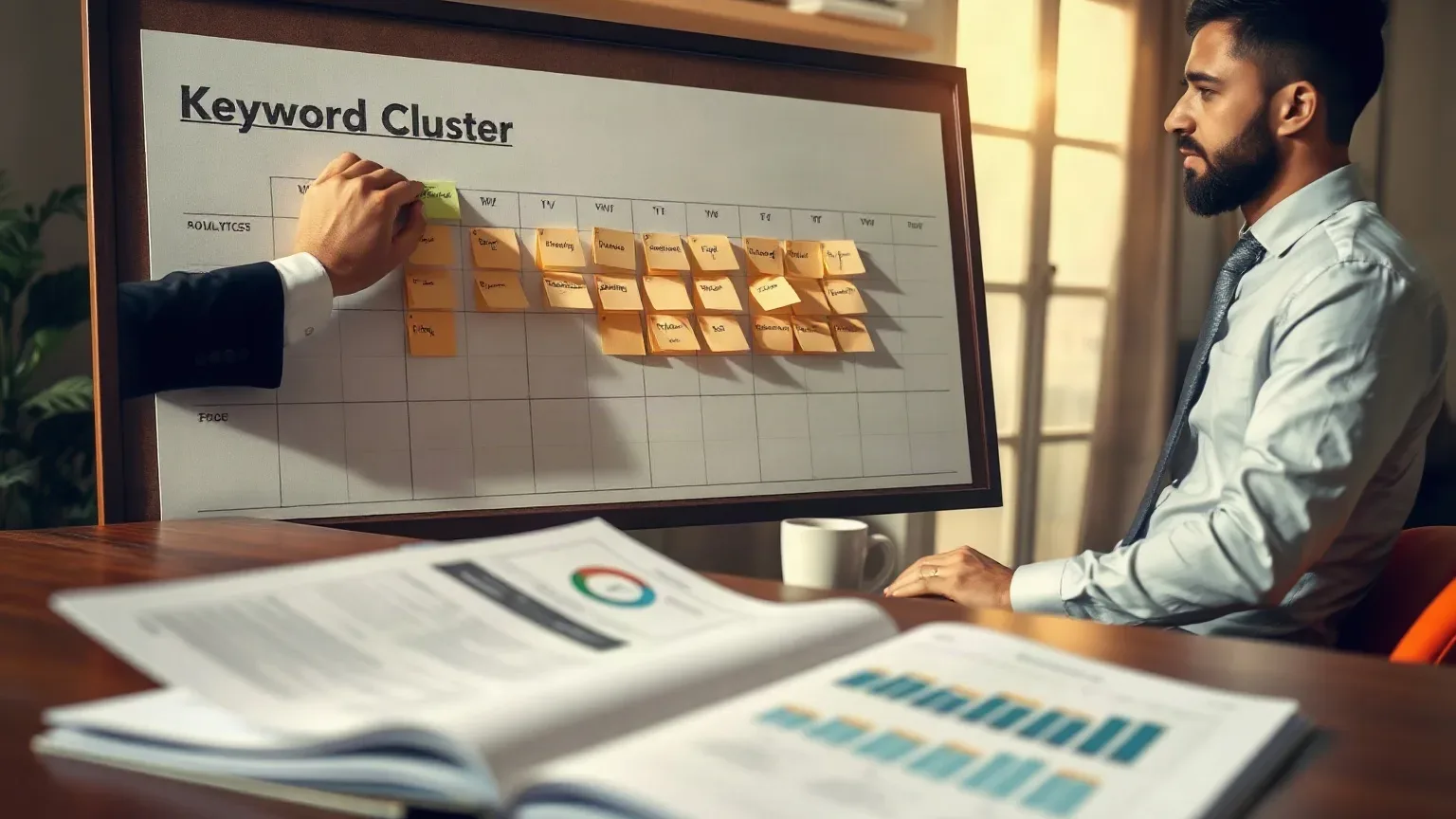 A marketing professional in business attire at the planning board marking calendar-day labels onto a row of sticky notes and pressing them into a horizontal sequence on the keyword cluster grid, a printed analytics report open on the desk below