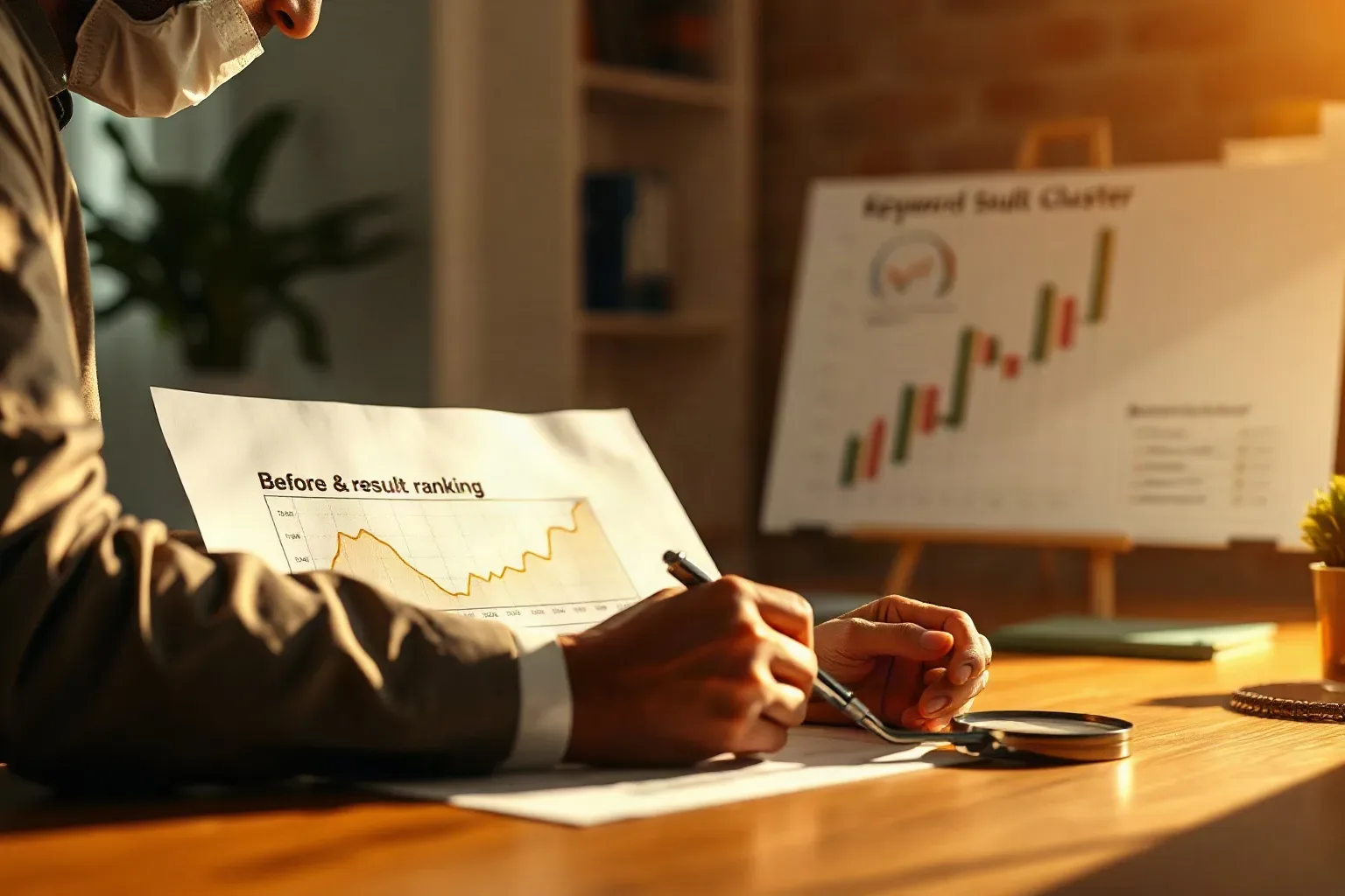 A person in a suit reviews a printed chart labelled 'Before & result ranking' at a desk, with a magnifying glass nearby and a bar-chart display board visible behind